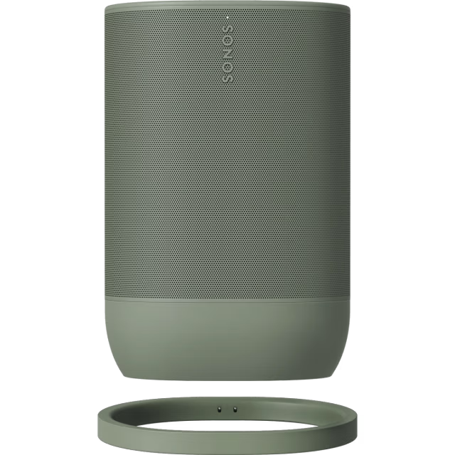 Egy zöld hangszóró, hozzáillő alappal és gyűrű alakú állvánnyal. A hangszórón a "SONOS" felirat látható. Minden elem zöld.