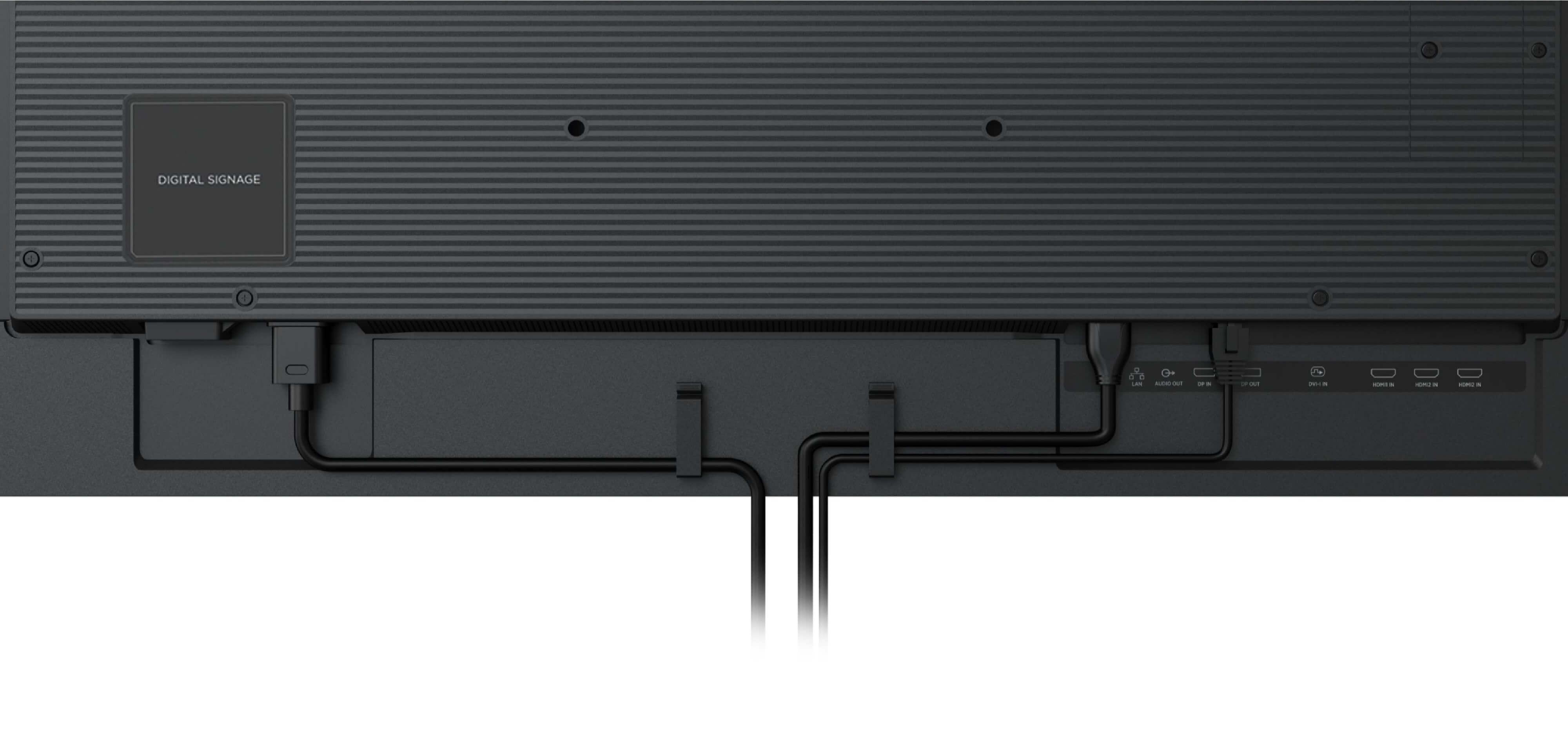 Rückseite eines schwarzen Digital-Signage-Bildschirms. Hat Eingänge für HDMI, DVI und LAN. Kabel sind angeschlossen.