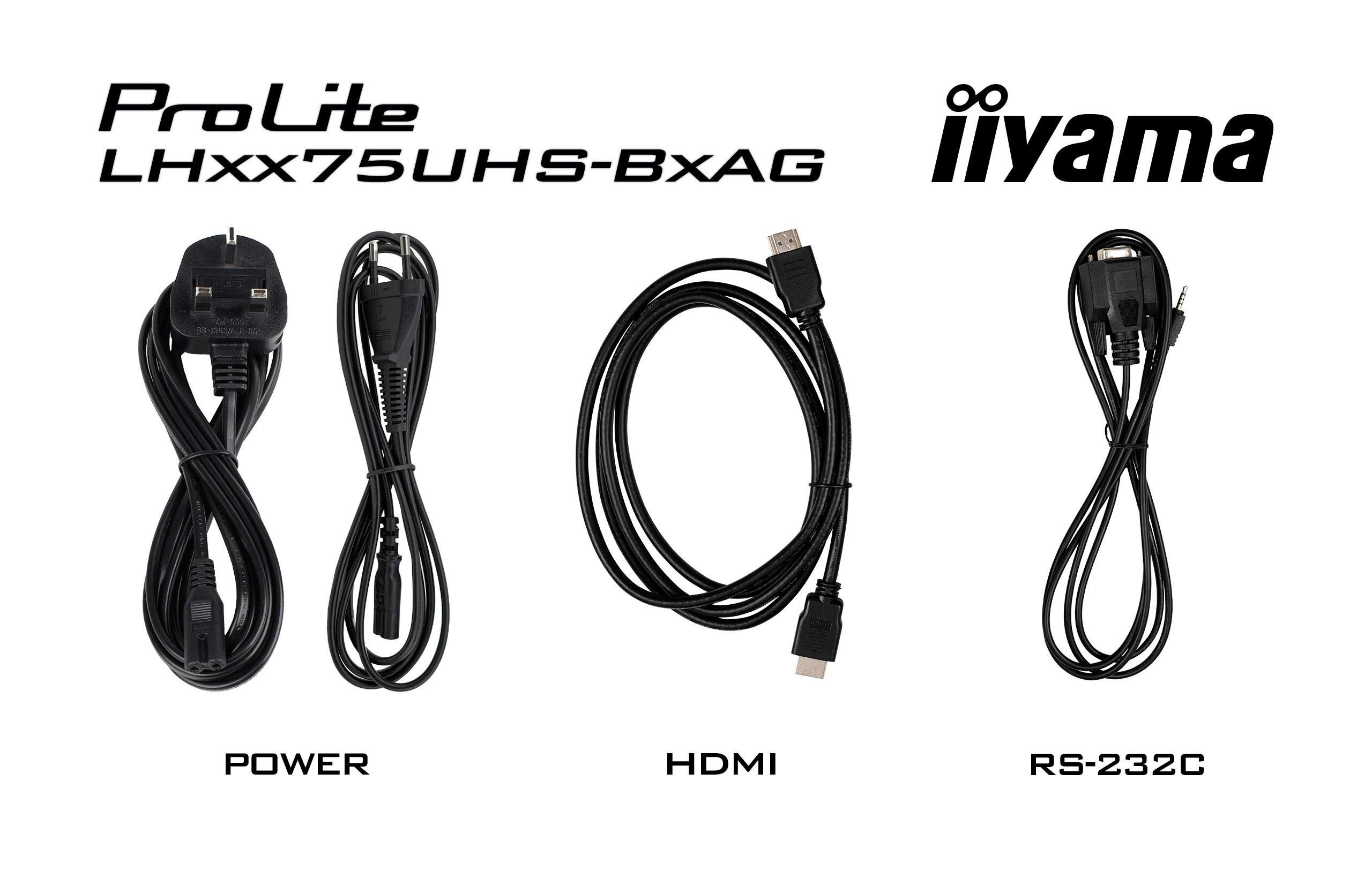 Das Bild zeigt drei Kabel: Strom, HDMI und RS-232C, mit Logos von ProLite und iiyama auf weißem Hintergrund.