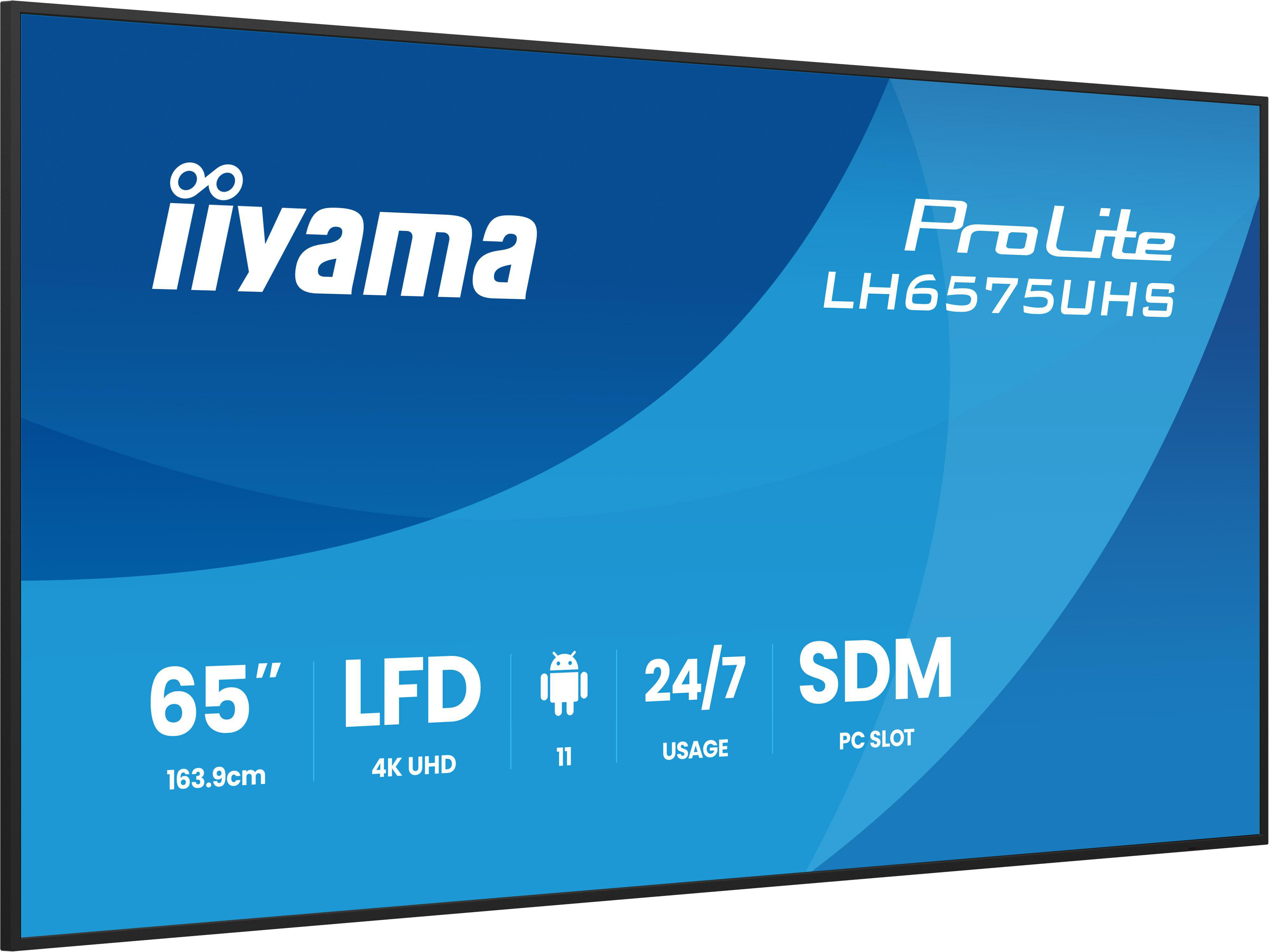 Ein blauer Bildschirm zeigt den iiyama ProLite LH6575UHS Monitor. Merkmale sind 65", 4K UHD, Android 11, 24/7 Nutzung und SDM PC-Steckplatz.