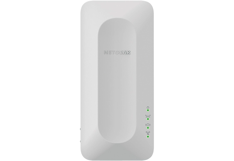 Ein weißes Netgear-Gerät mit geschwungenem Design. Es hat grüne Kontrollleuchten und das Netgear-Logo.