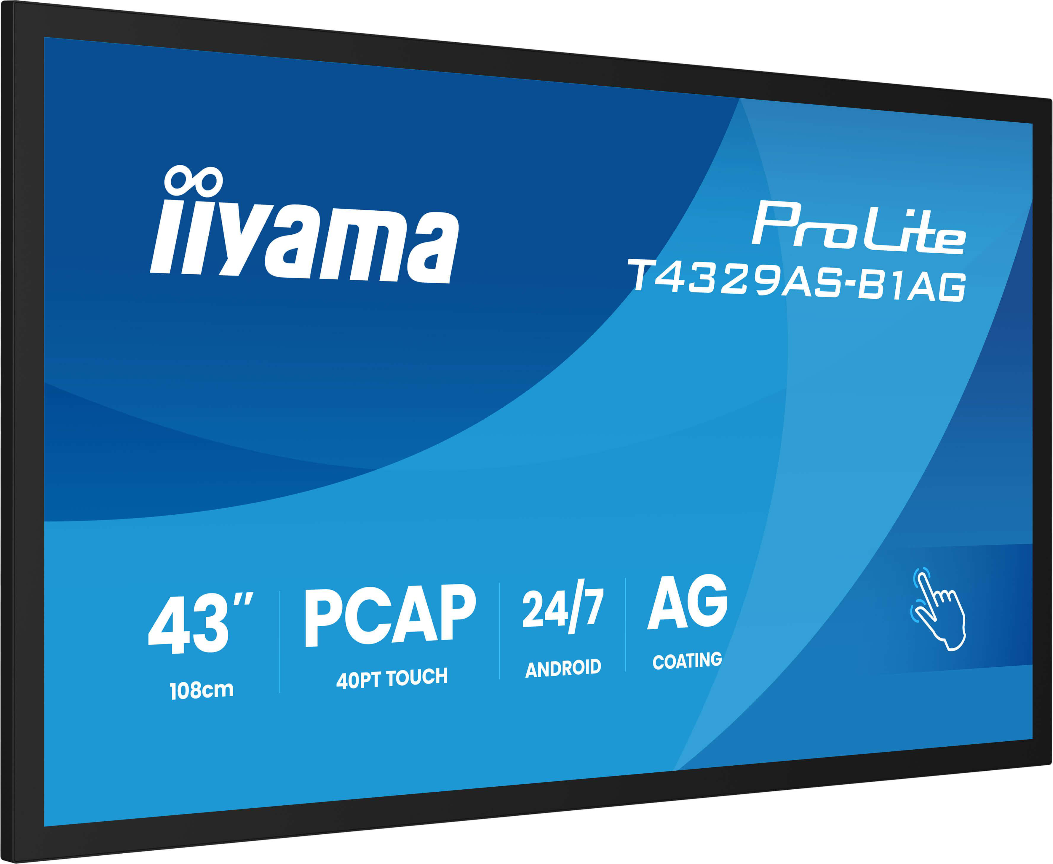 Ein schwarz gerahmter Iiyama ProLite Touchscreen-Display. Merkmale: 43", PCAP, 24/7, AG-Beschichtung, Android und Modell T4329AS-B1AG.