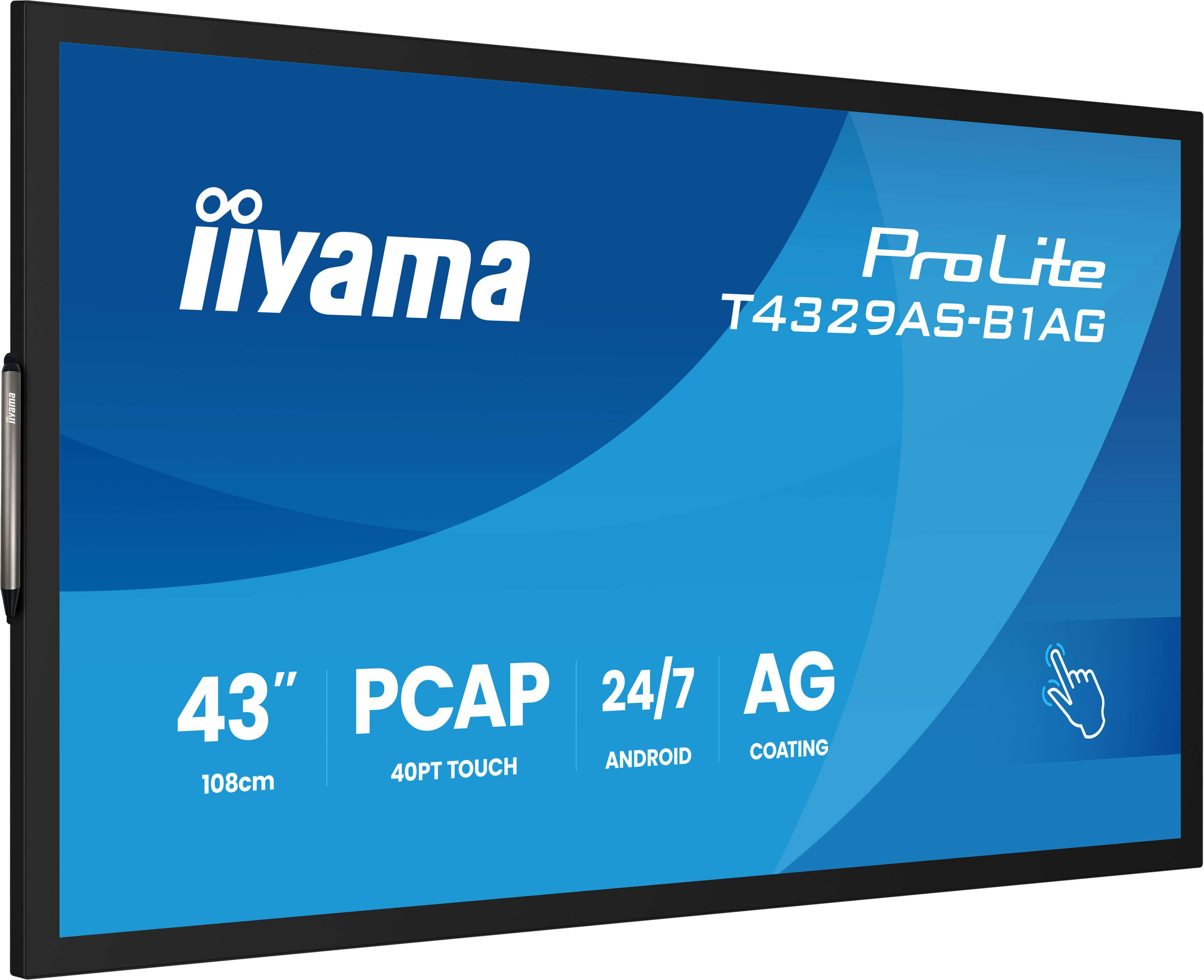 Ein iiyama ProLite T4329AS-B1AG Monitor wird angezeigt. Zu den Merkmalen gehören 43", PCAP, 24/7 und AG-Beschichtung. Ein Stift ist an der Seite.