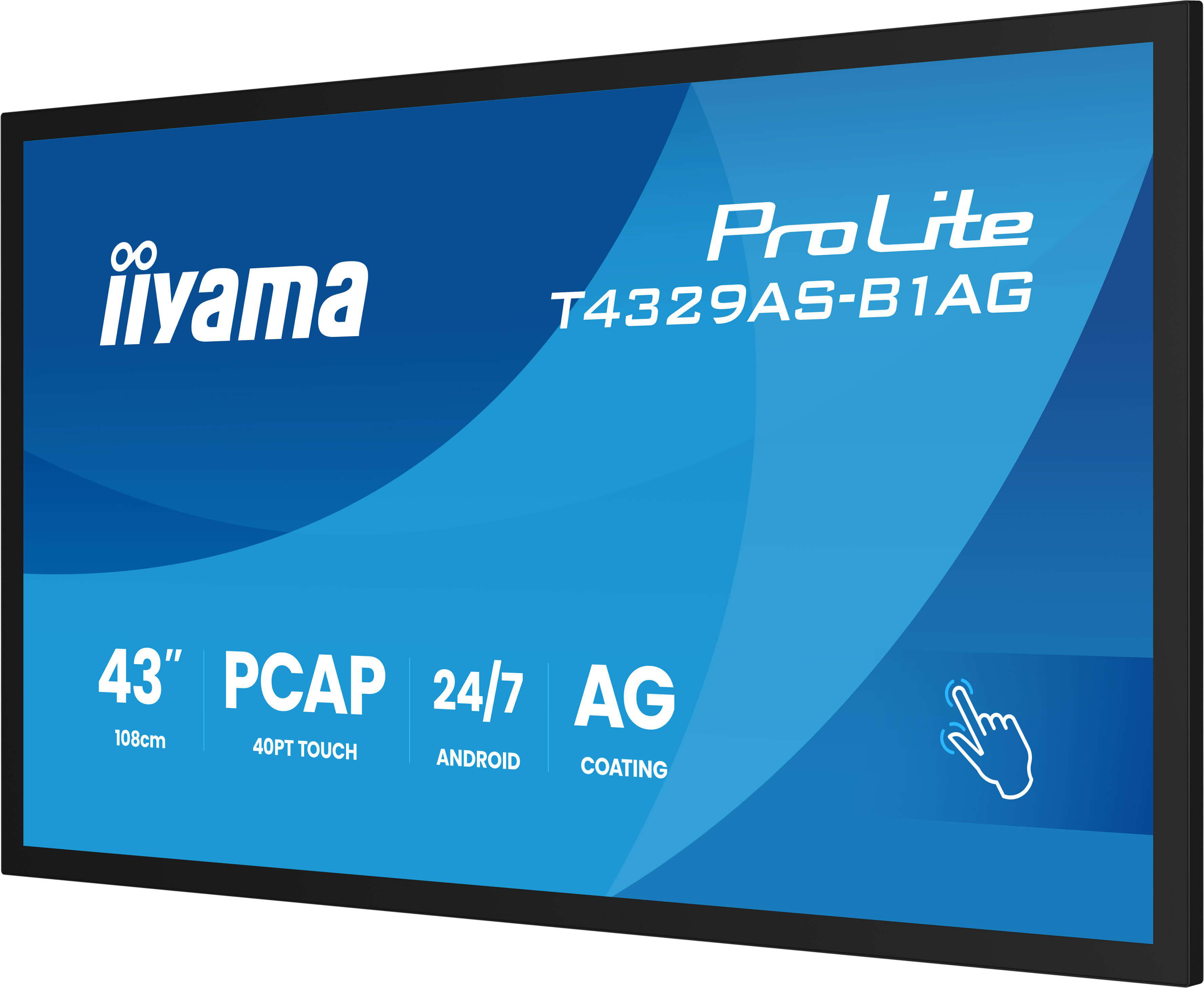 Ein großer, schwarz gerahmter Bildschirm zeigt das 'iiyama'-Logo und 'ProLite' mit Produktdetails. Text hebt Größe, Touch und Funktionen hervor.