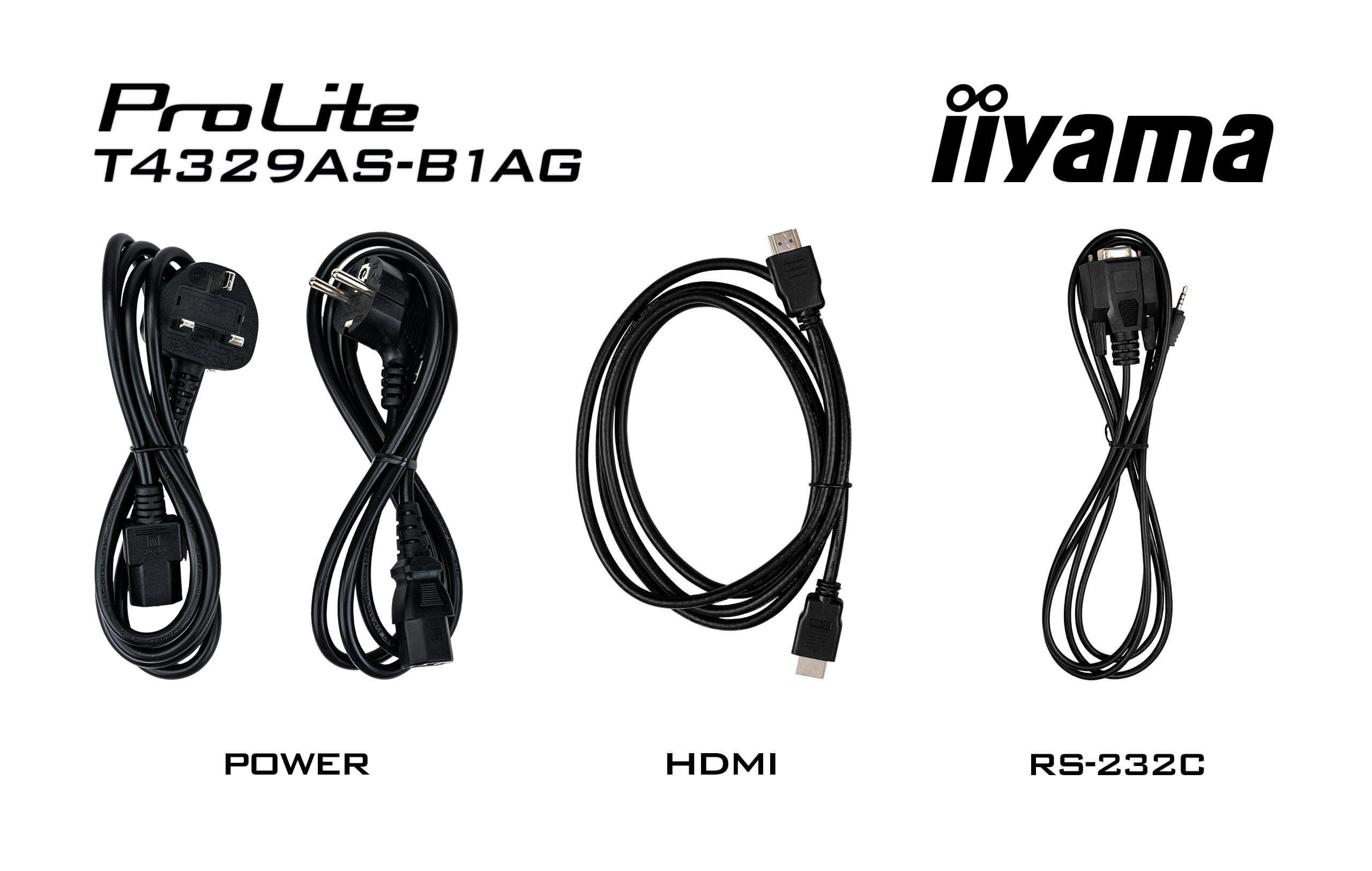 Das Bild zeigt Strom-, HDMI- und RS-232C-Kabel. Logos für ProLite und iiyama sind vorhanden. Text beschriftet die Kabel.