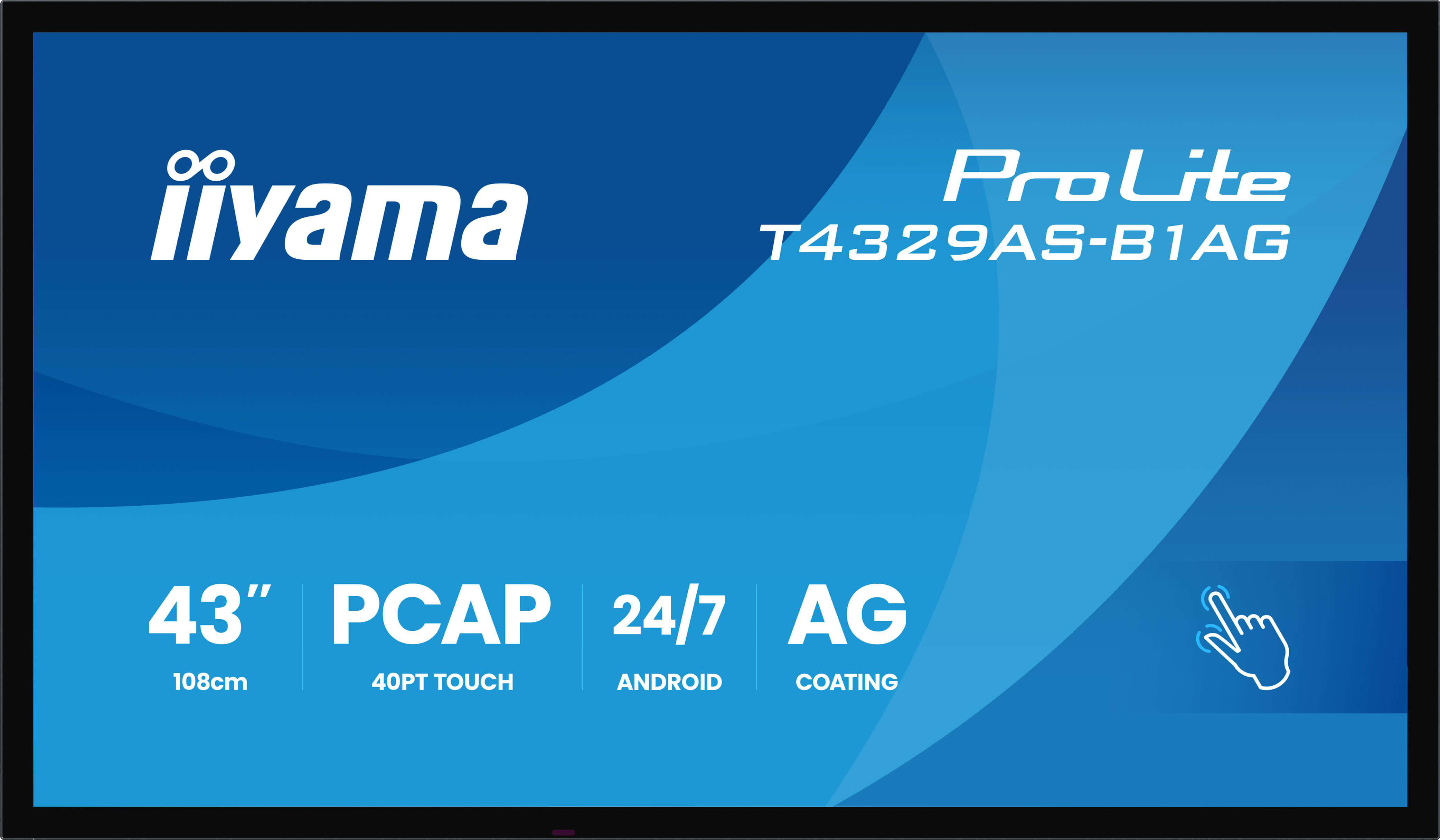 Ein blauer Bildschirm zeigt 'iiyama' und 'ProLite T4329AS-B1AG'. Merkmale: 43" PCAP, 24/7, AG-Beschichtung und Android.