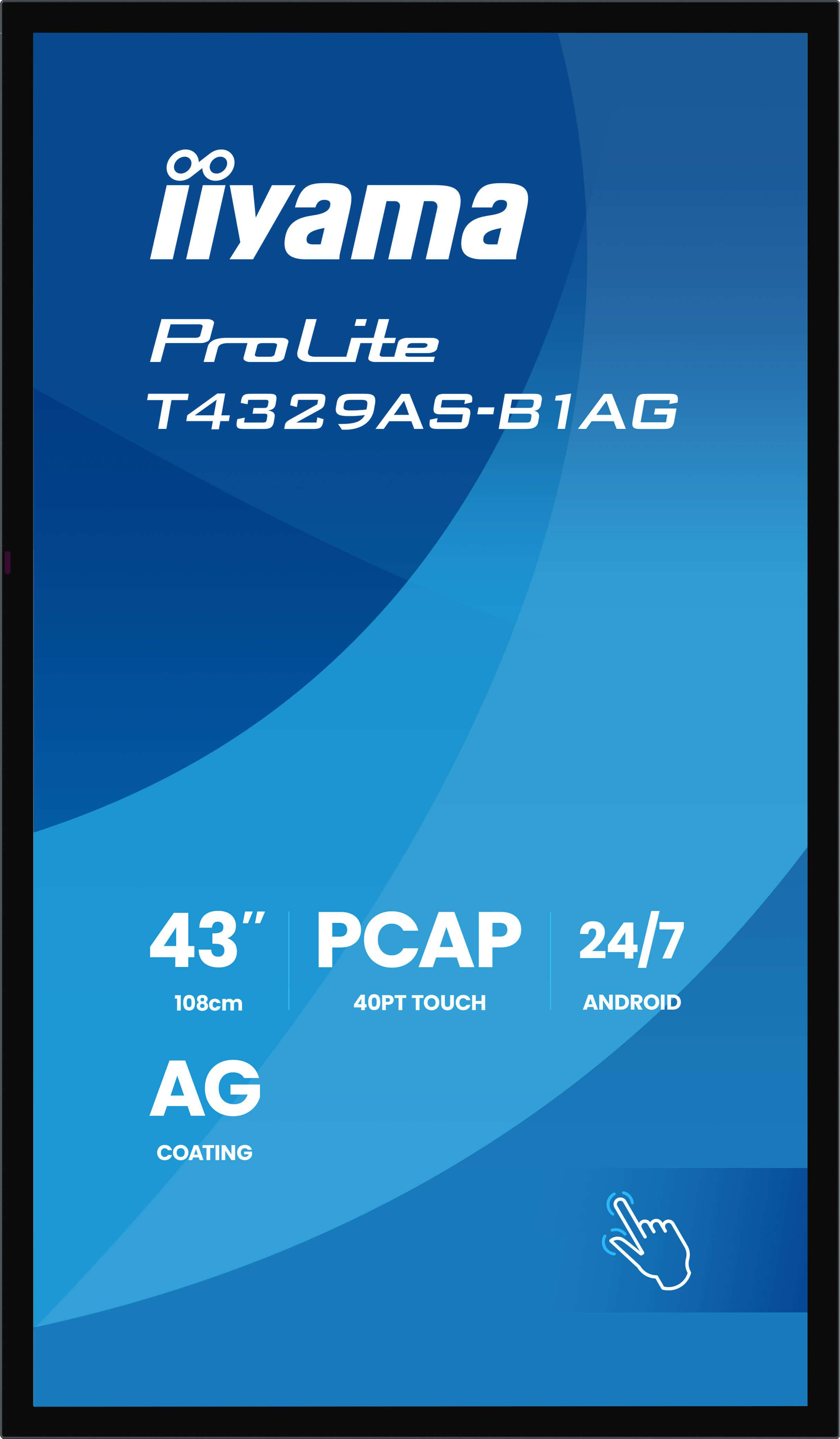 Ein iiyama ProLite T4329AS-B1AG Monitor. Er ist 43 Zoll groß, PCAP und 24/7 Android. Mit AG-Beschichtung.