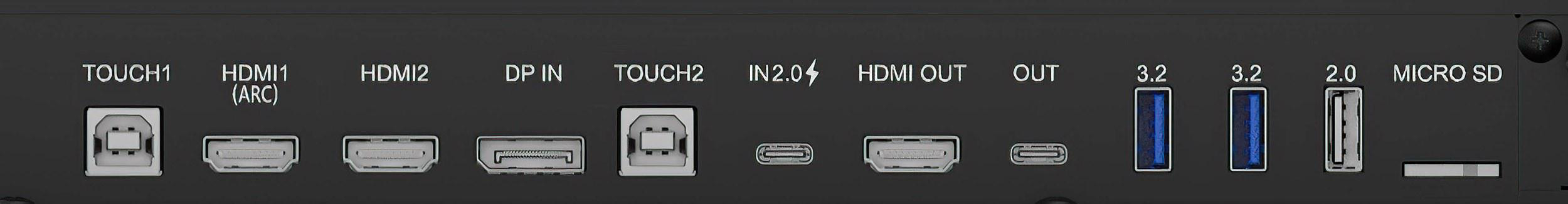 Schwarzes Bedienfeld mit Anschlüssen: TOUCH1, HDMI1, HDMI2, DP IN, TOUCH2, IN 2.0, HDMI OUT, OUT, 3.2, 2.0 und MICRO SD.