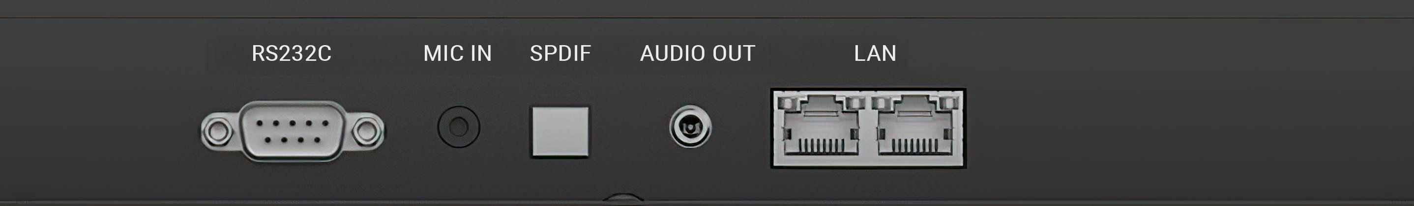 Panel mit Anschlüssen: RS232C, MIC IN, SPDIF, AUDIO OUT und LAN. Anschlüsse sind in weißem Text beschriftet.