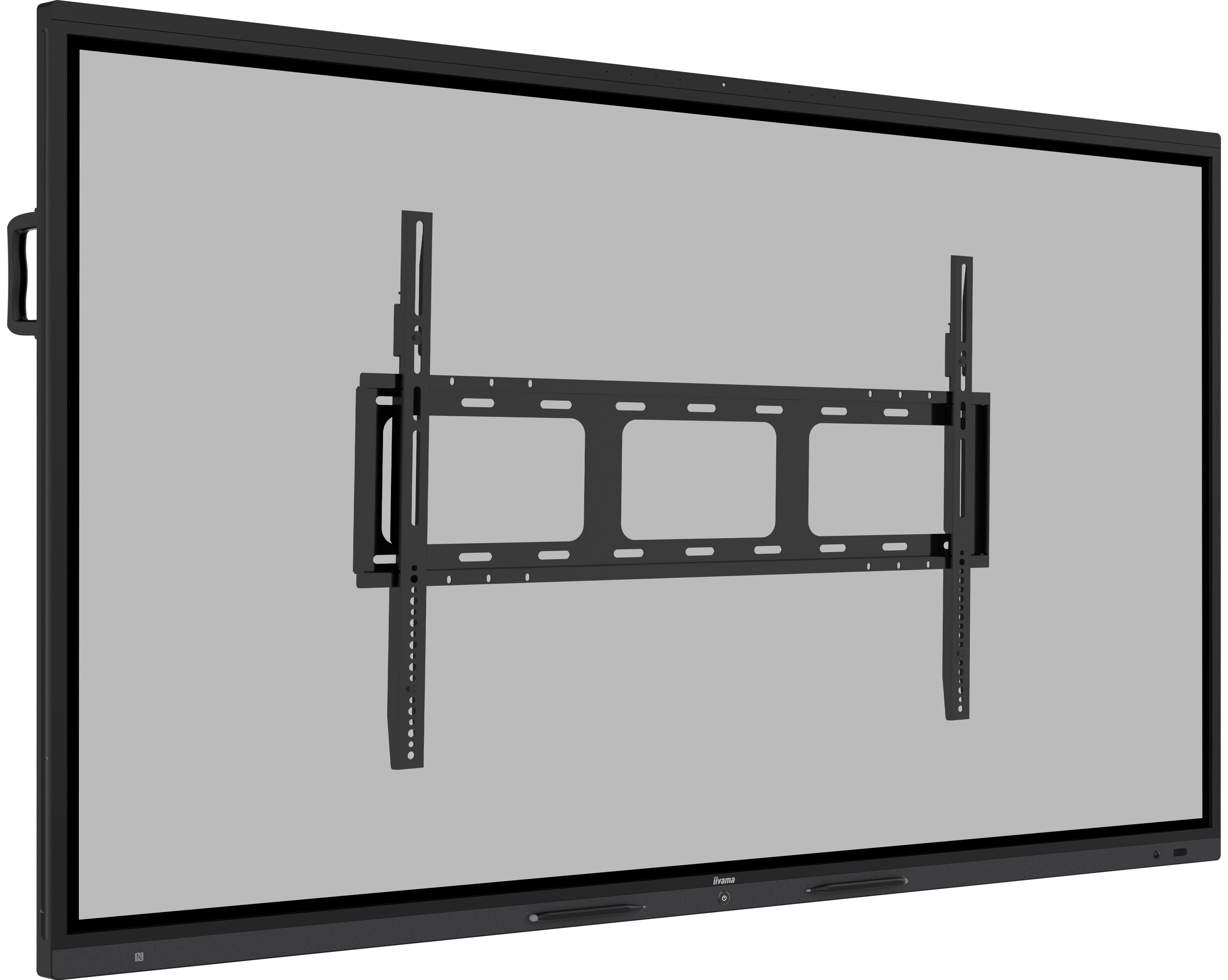 Ein schwarzes interaktives Flachbilddisplay mit einer Halterung, vor einem hellgrauen Hintergrund.