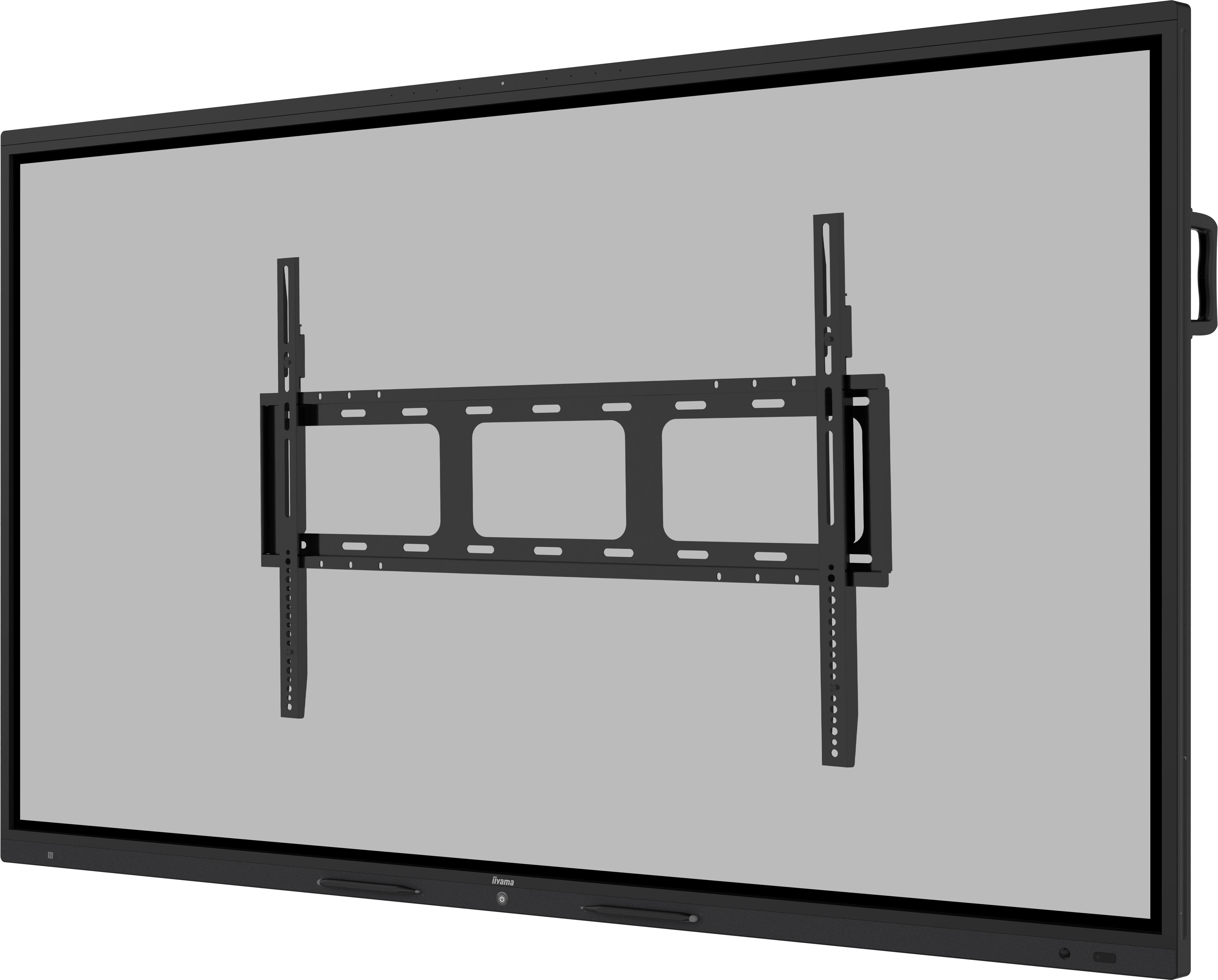 Ein schwarzes interaktives Display mit Wandhalterung. Der Bildschirm ist grau.