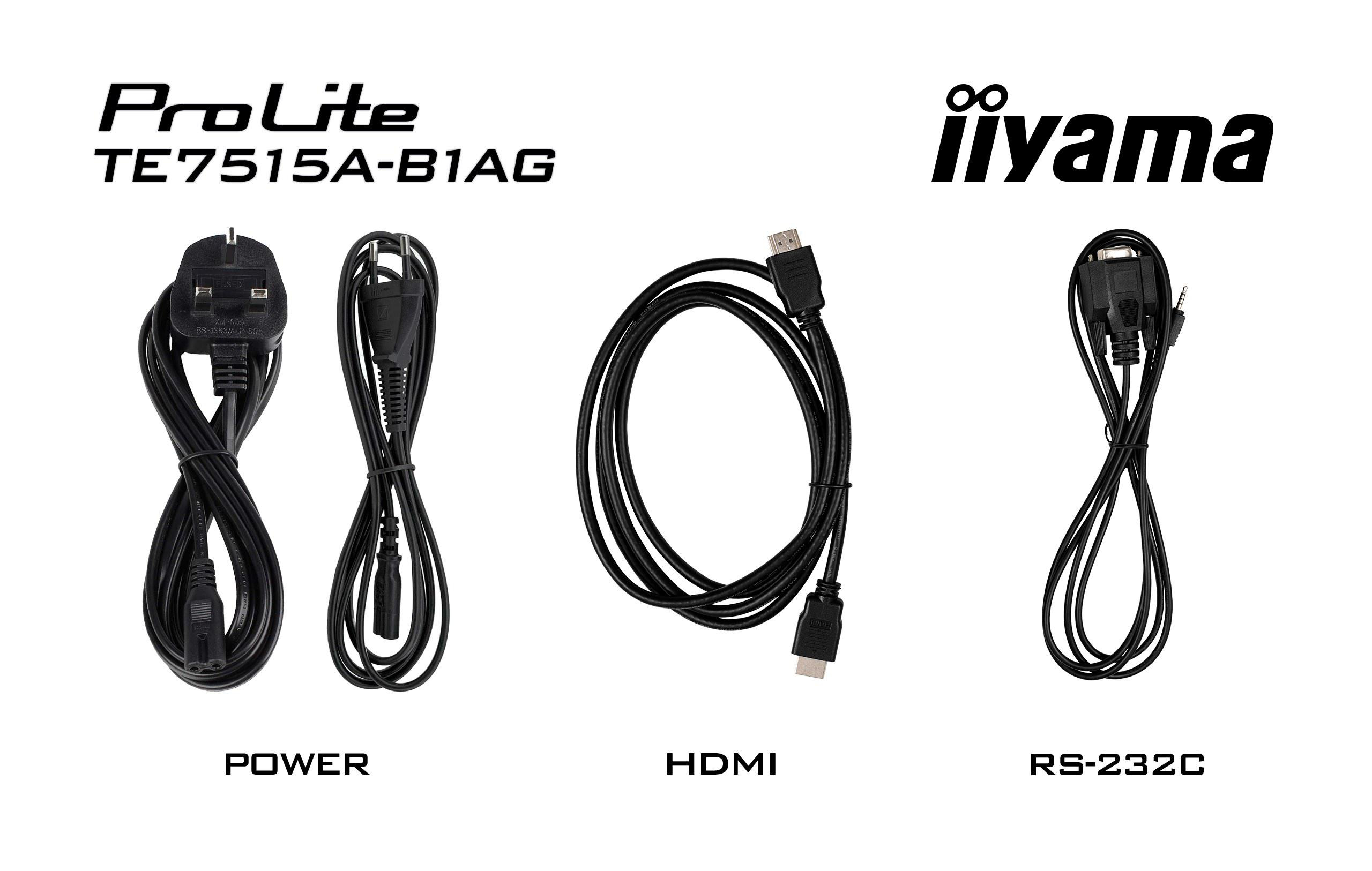 Das Bild zeigt drei Kabel: Strom, HDMI und RS-232C. Marken sind ProLite und iiyama. Die Kabel sind schwarz.