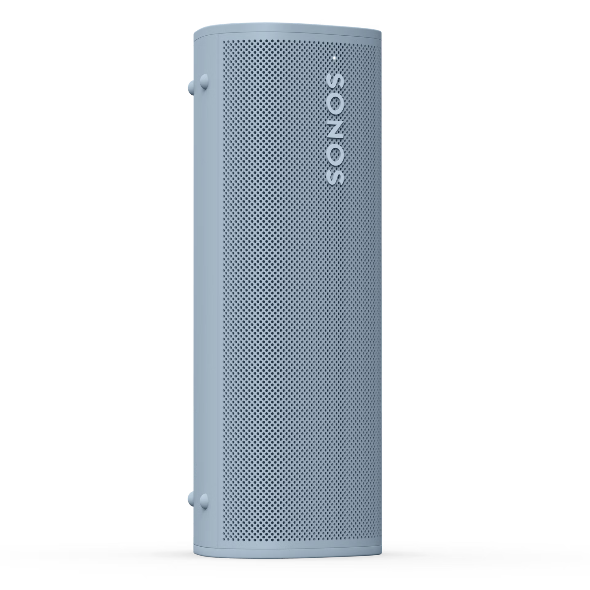 Világoskék Sonos hangszóró fekete háttérrel. A hangszóró hengeres, rajta a Sonos logóval.