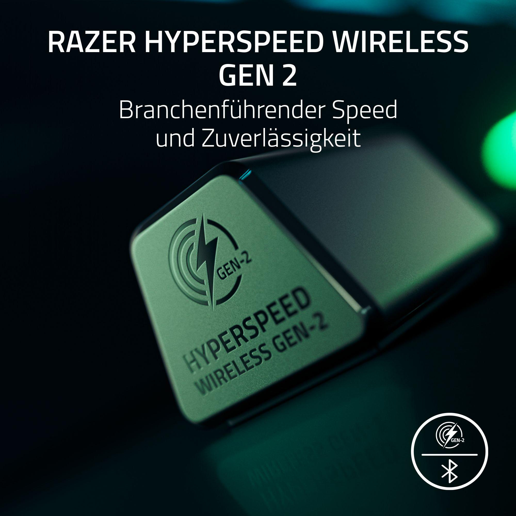 Nahaufnahme von Razer Hyperspeed Wireless Gen 2. Ein grünes Gerät mit Text und Logo im Fokus, vor dunklem Hintergrund.