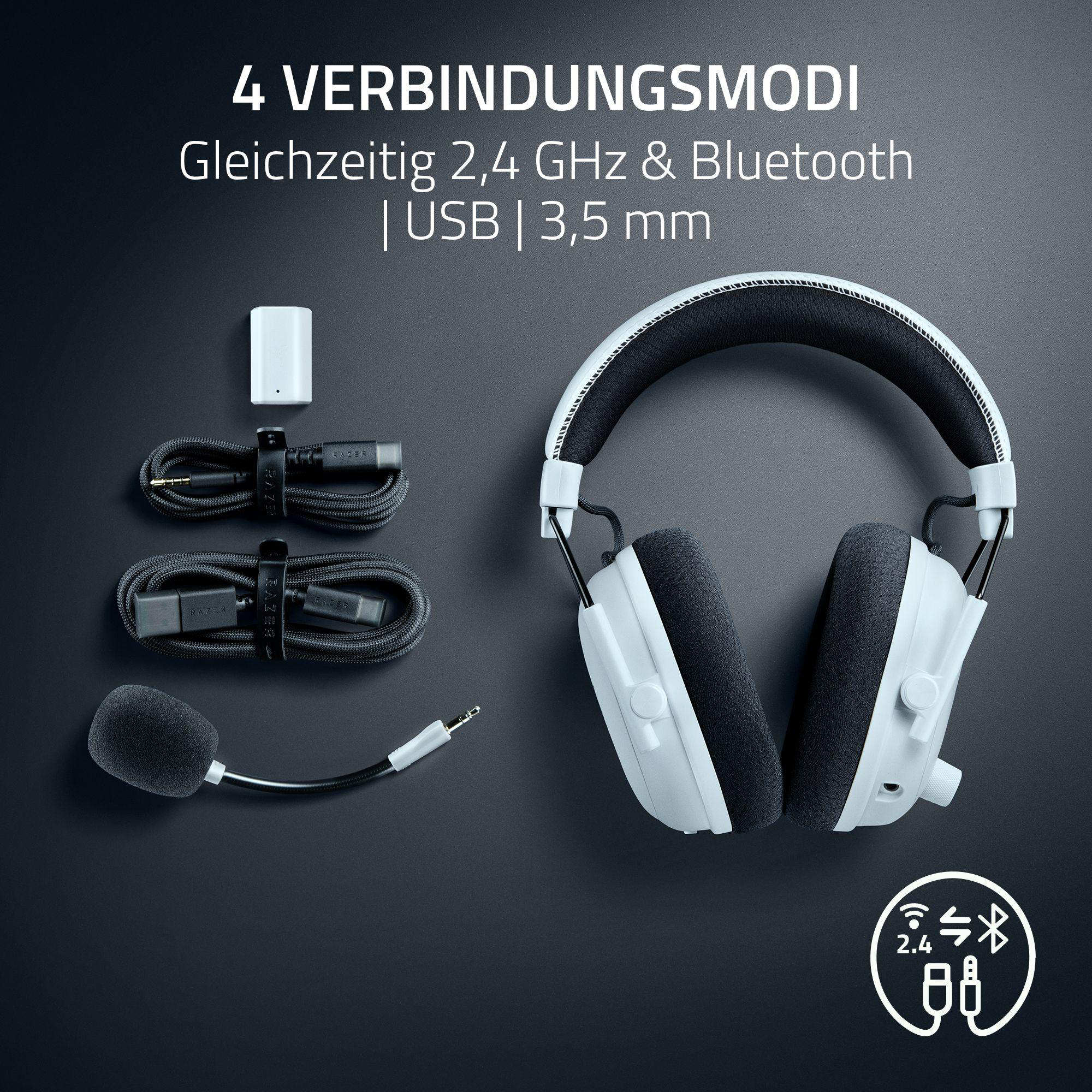 Weißes Headset mit schwarzen Ohrmuscheln und Akzenten, Kabeln, Mikrofon und einem drahtlosen Adapter. Text: 4 Verbindungsmodi.