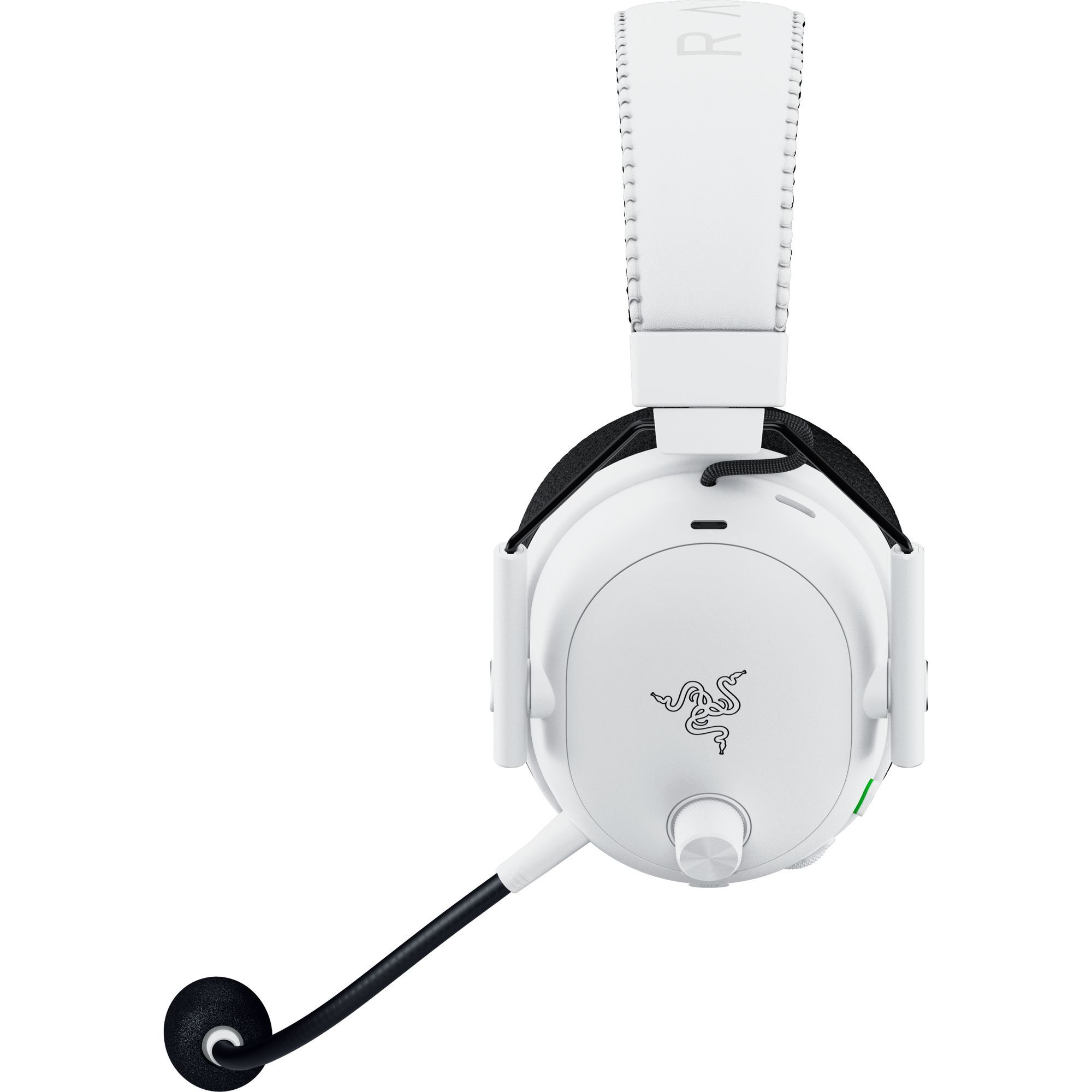 Weißes Razer-Gaming-Headset mit schwarzem Mikrofon. Das Headset hat das Razer-Logo. Der Hintergrund ist weiß.