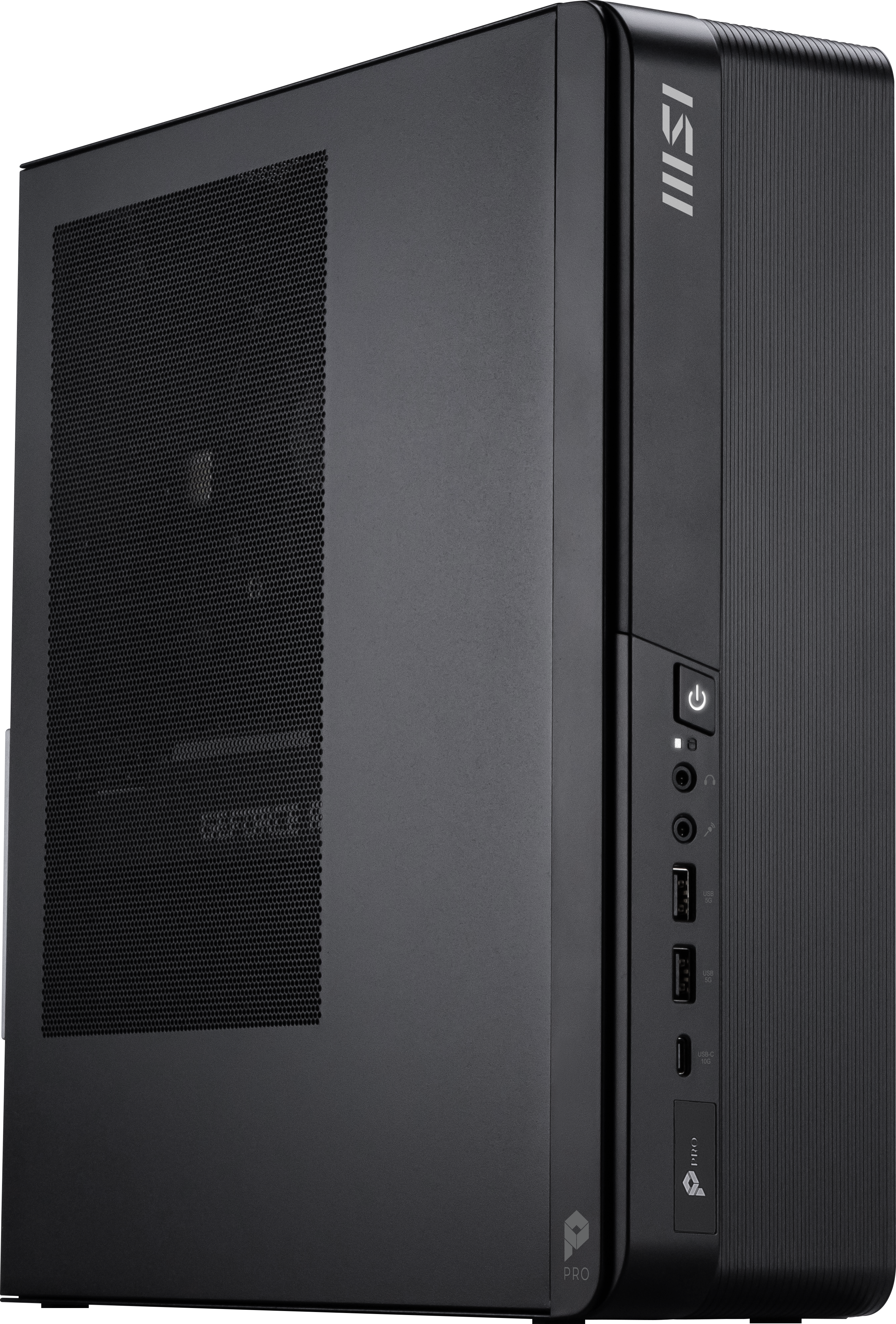 Ein schwarzes Computergehäuse. Es hat eine Gitterfront, vertikale Linien an der Seite und verschiedene Anschlüsse. Das MSI-Logo ist sichtbar.
