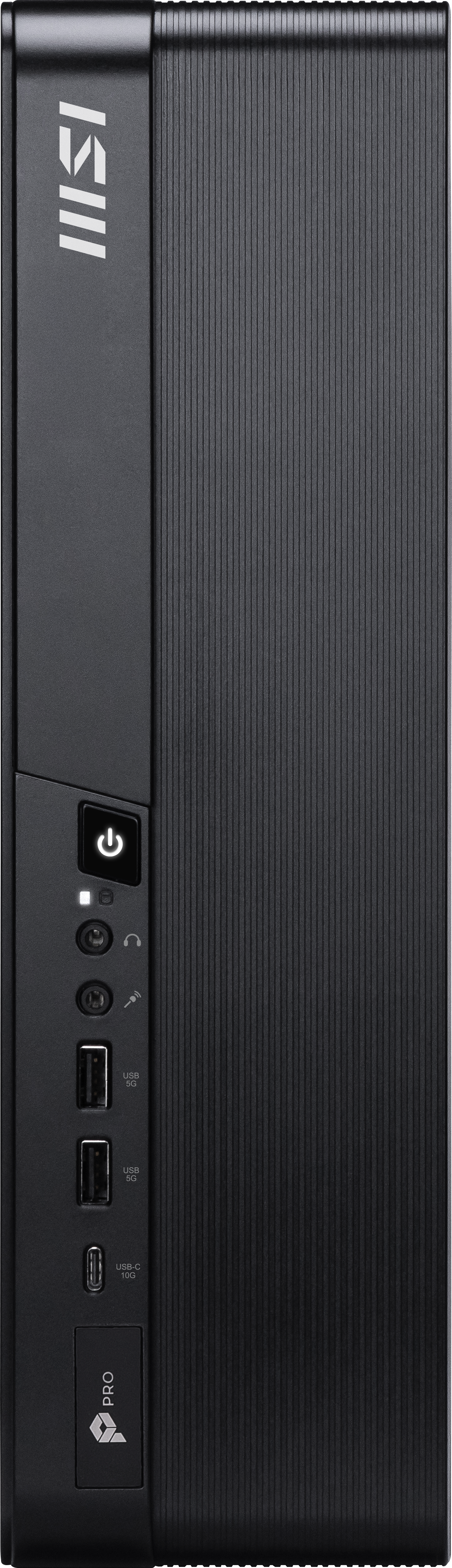 Schwarzer Computerturm mit Netzschalter, Anschlüssen und MSI-Logo. Vertikale Linien strukturieren die Oberfläche.