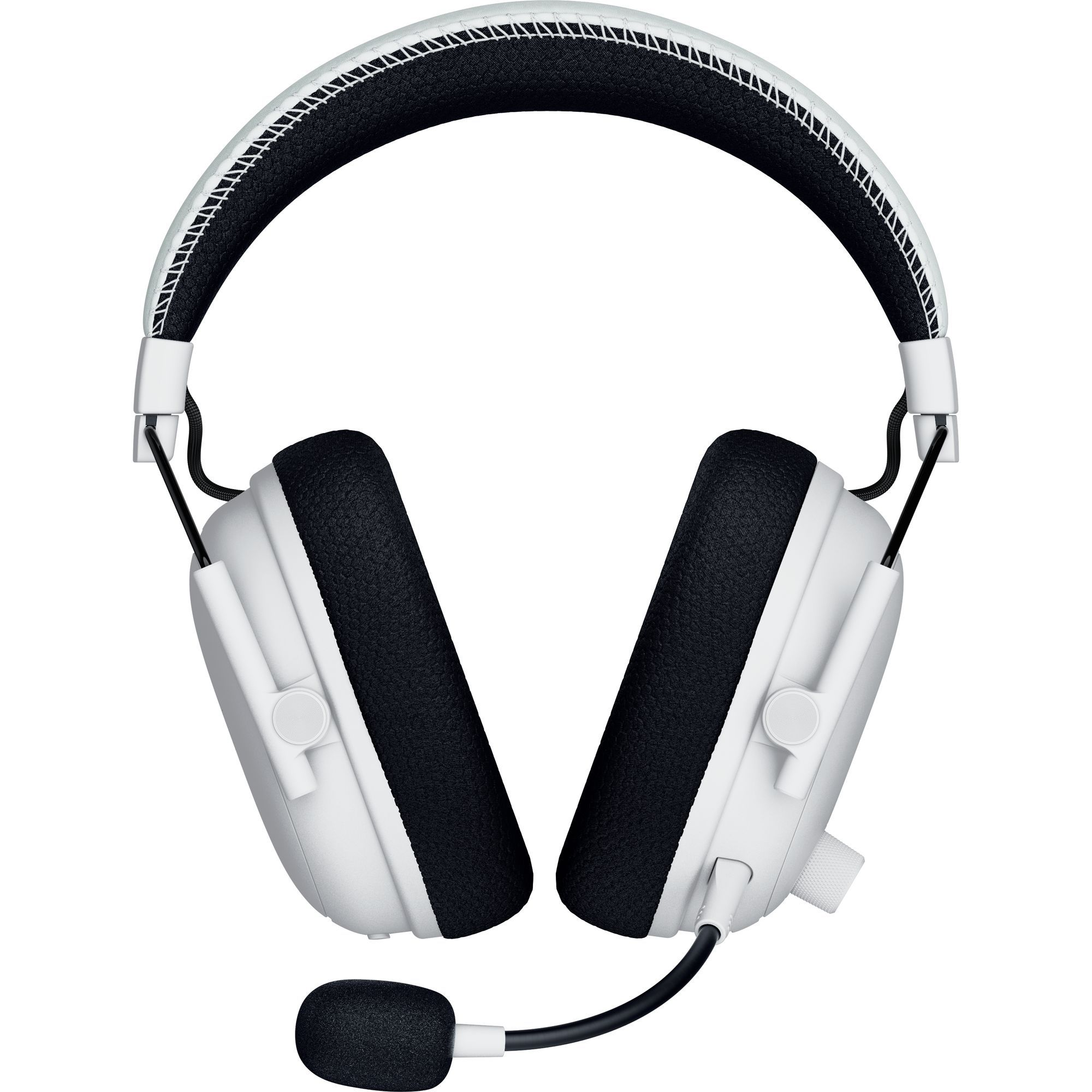 Weißes und schwarzes Gaming-Headset. Das Kopfband ist schwarz, die Ohrmuscheln sind weiß. Ein schwarzes Mikrofon erstreckt sich vom linken Hörer.