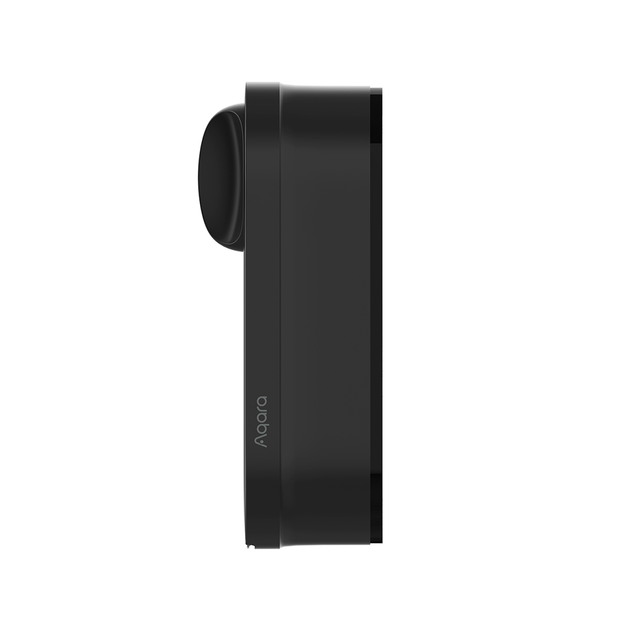 Ein schwarzes Aqara Smart-Home-Gerät, wahrscheinlich ein Türsensor oder ähnliches, auf weißem Hintergrund. Seitenansicht.