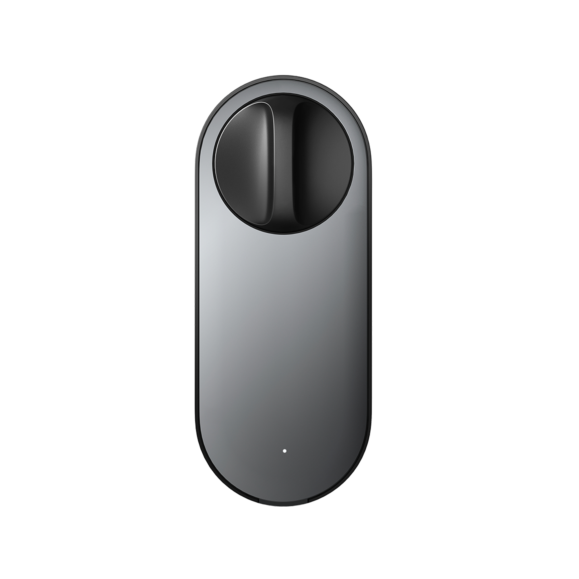 Ein dunkelgraues, oval geformtes Gerät mit einem schwarzen oberen Bereich und einem kleinen weißen Punkt unten. Isoliert auf Weiß.