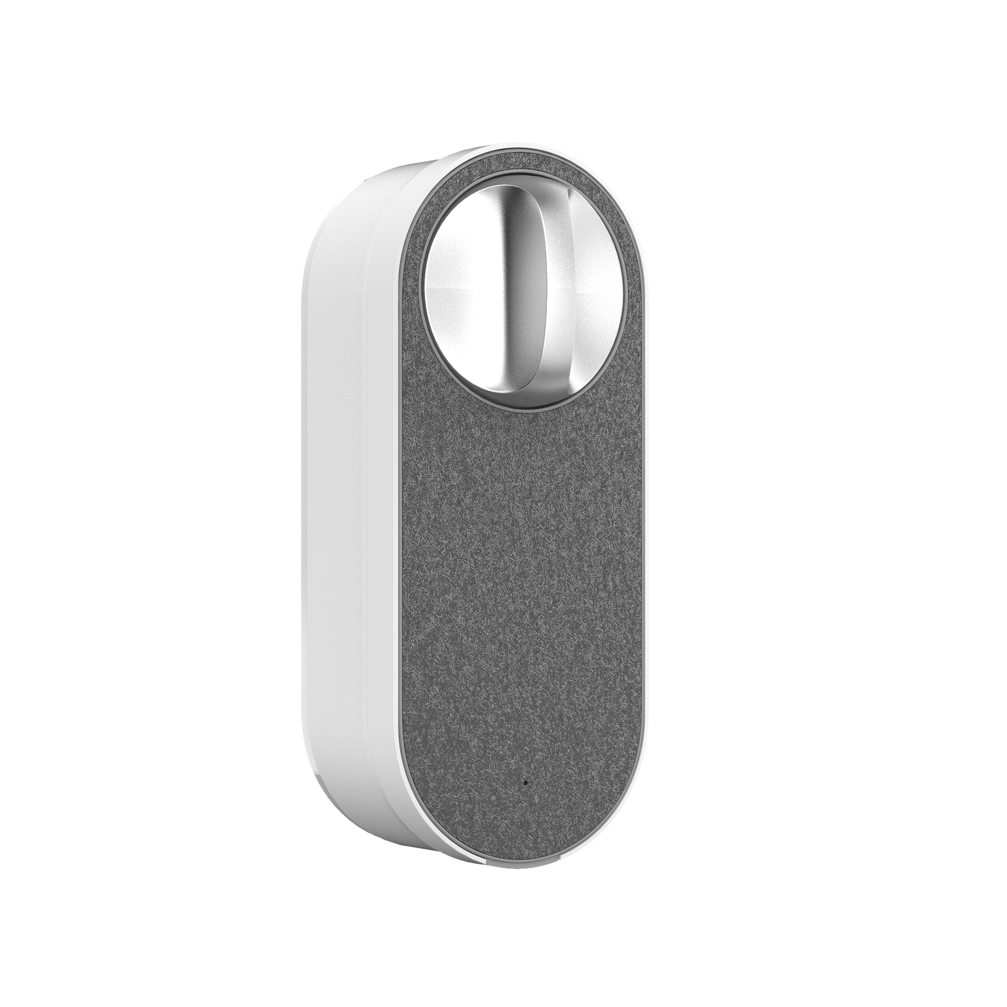 Ein weiß-grauer, oval geformter Türklingel. Es hat eine graue, gemusterte Mitte und einen silbernen Griff oben.