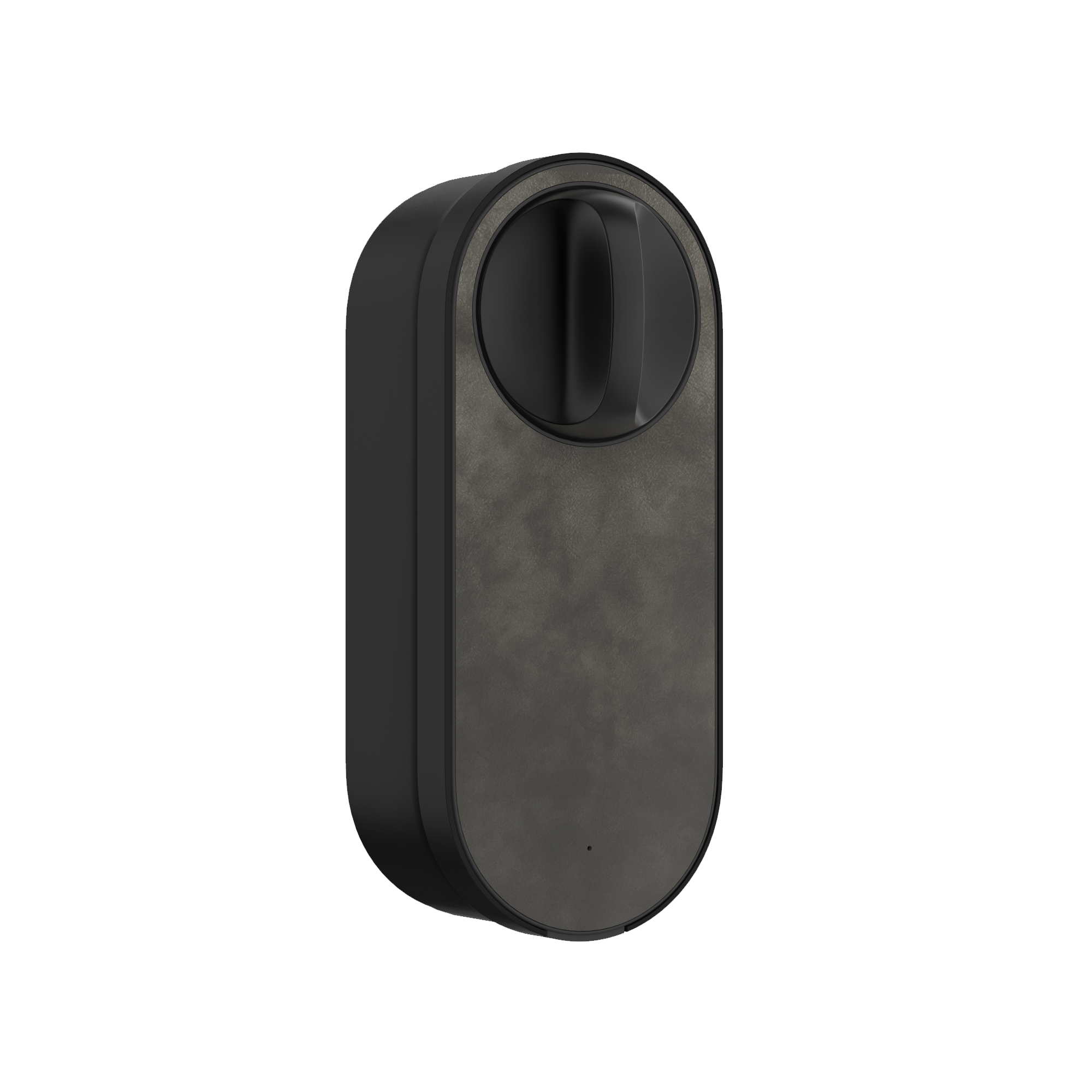 Ein schwarzes Smart Lock mit Griff. Es ist auf weißem Hintergrund montiert. Das Schloss hat eine dunkle, strukturierte Oberfläche.