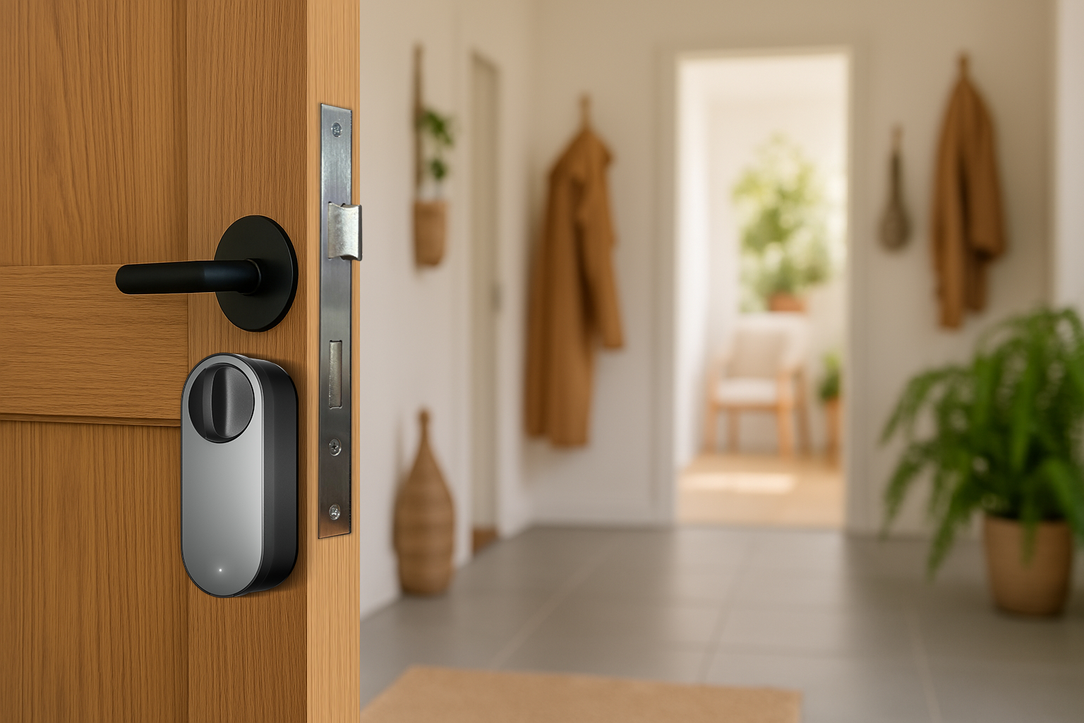 Holztür mit schwarzem Griff und Smart Lock. Flur im Hintergrund mit Garderobe und Pflanze.