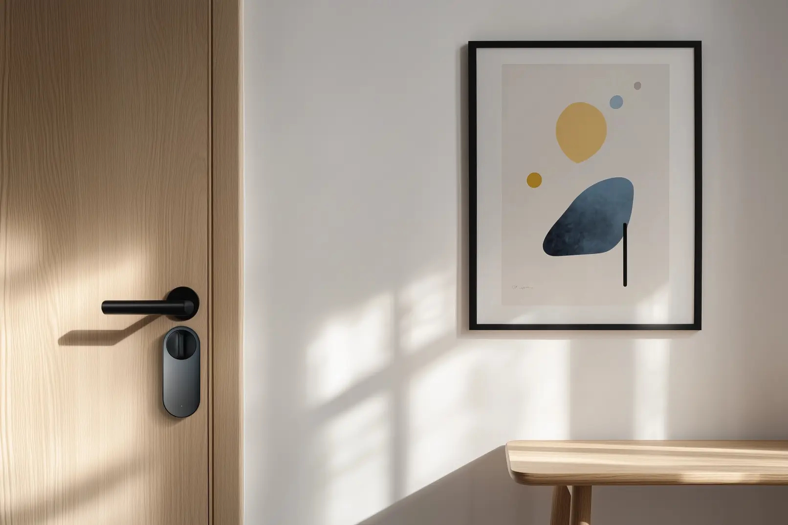 Holztür mit schwarzer Hardware, Smart Lock und gerahmtem, abstrakten Kunstwerk an einer weißen Wand.