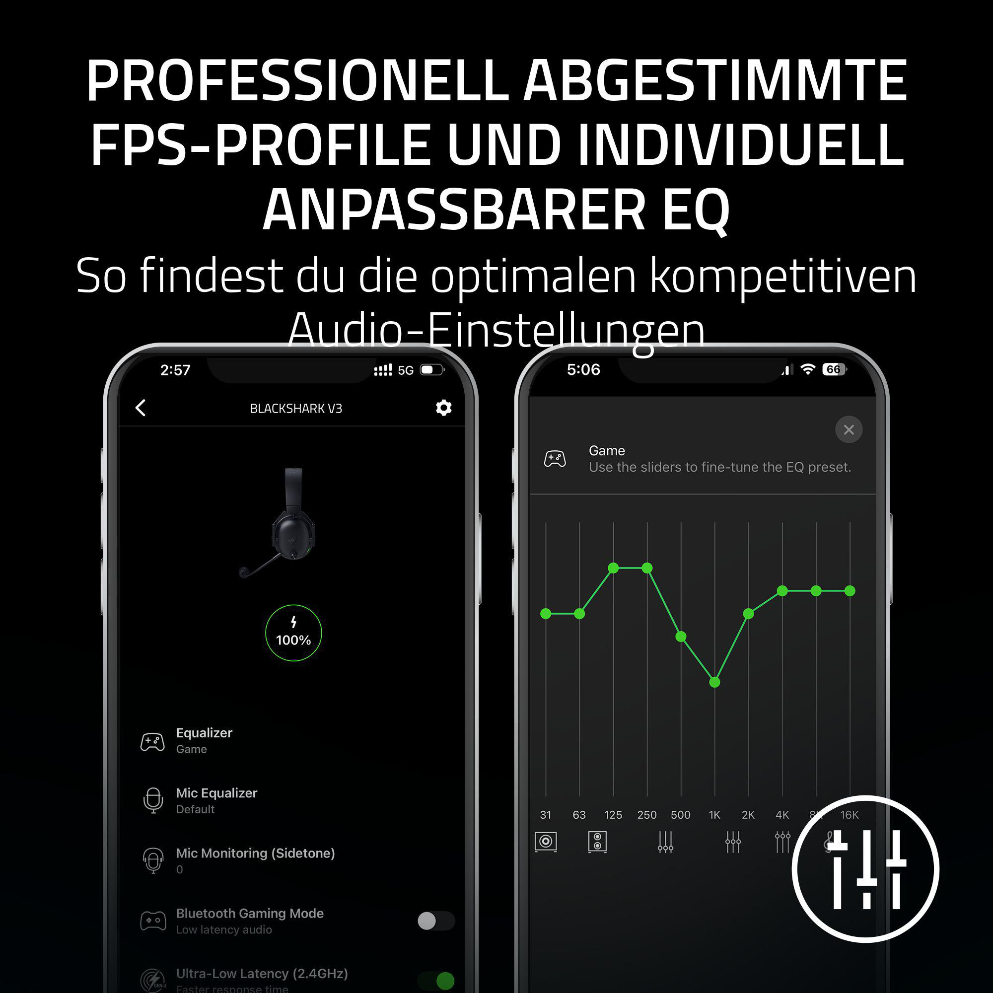 Zwei Handys zeigen Audioeinstellungen. Eines zeigt ein Headset, das andere ein Diagramm zur Equalizer-Anpassung.