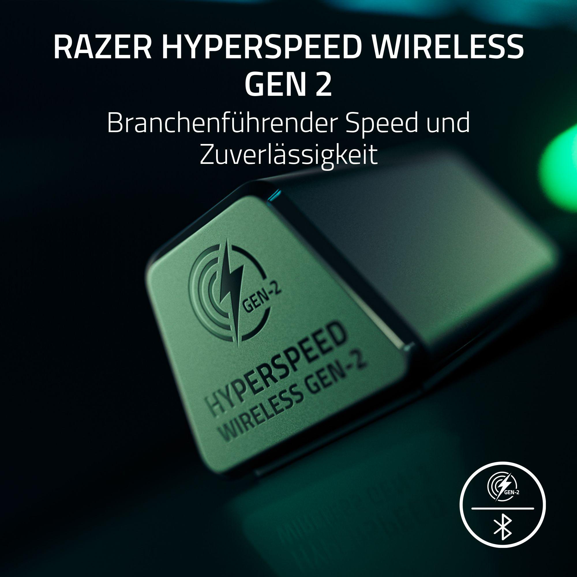 Razer HyperSpeed Wireless Gen 2. Nahaufnahme eines grünen Geräts mit Text und Blitzlogo.