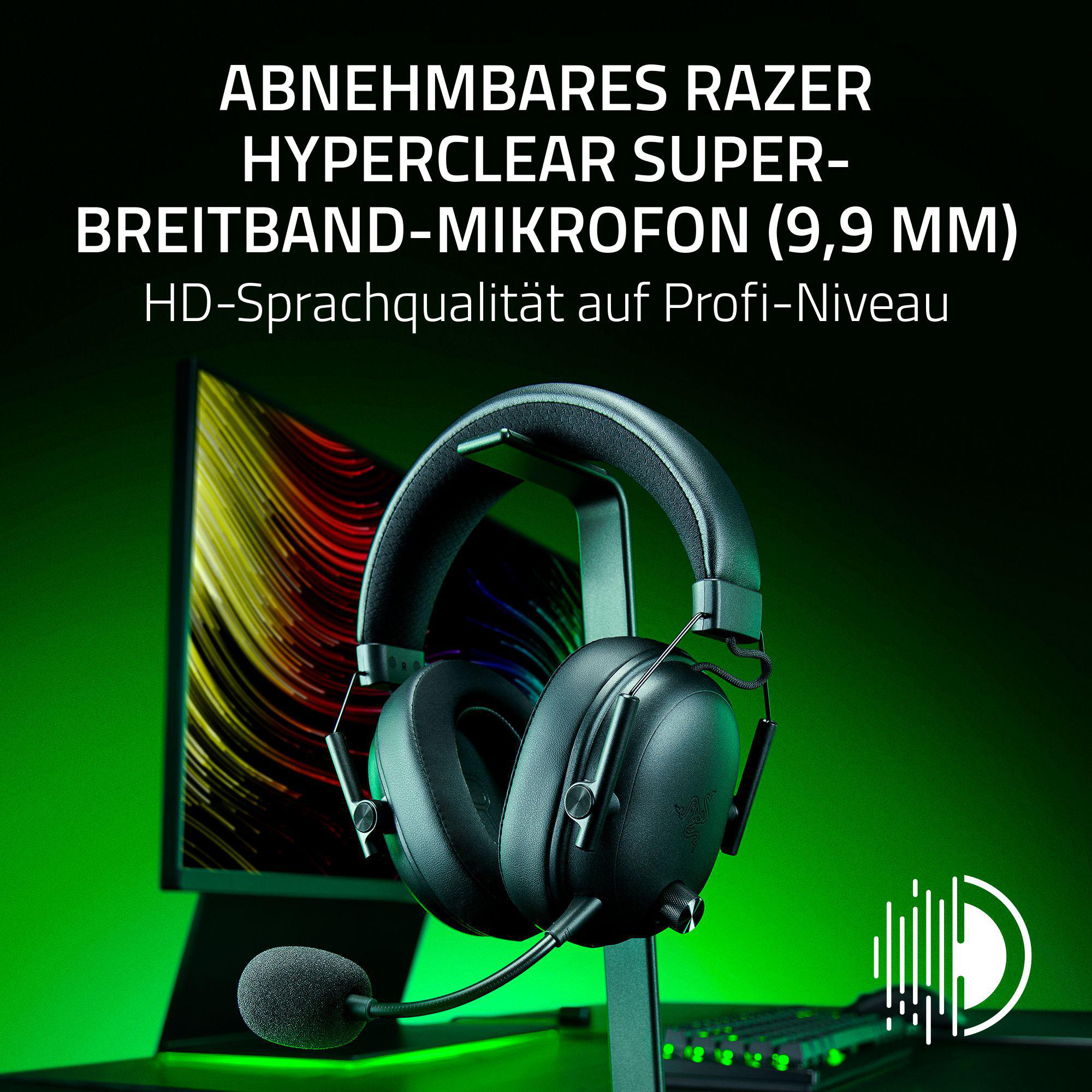 Schwarzes Razer-Headset mit Mikrofon. Grüner Hintergrund, Text oben. Headset steht vor einem Monitor.
