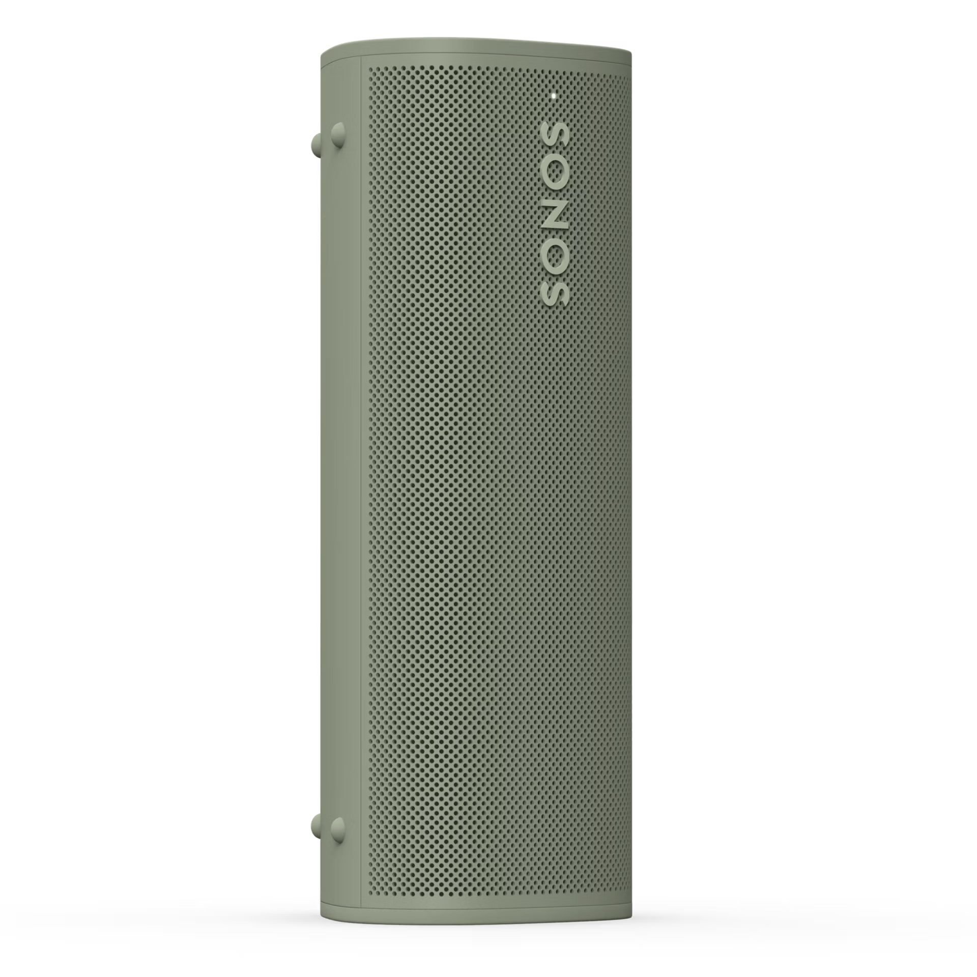 Világoszöld Sonos hangszóró perforációkkal, a Sonos logóval a jobb oldalon, fekete háttér előtt.