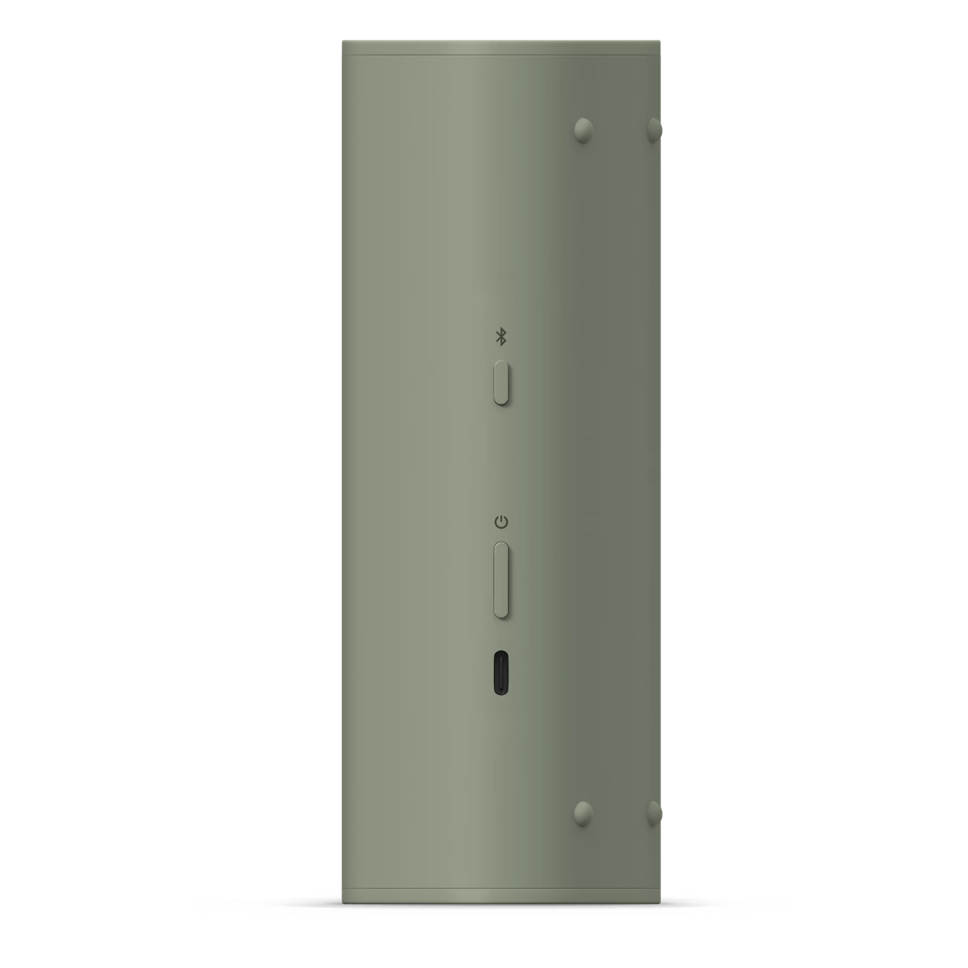 Egy világoszöld téglalap alakú eszköz közeli képe. Gombok, bekapcsolás szimbólum, Bluetooth logó és USB port található rajta.