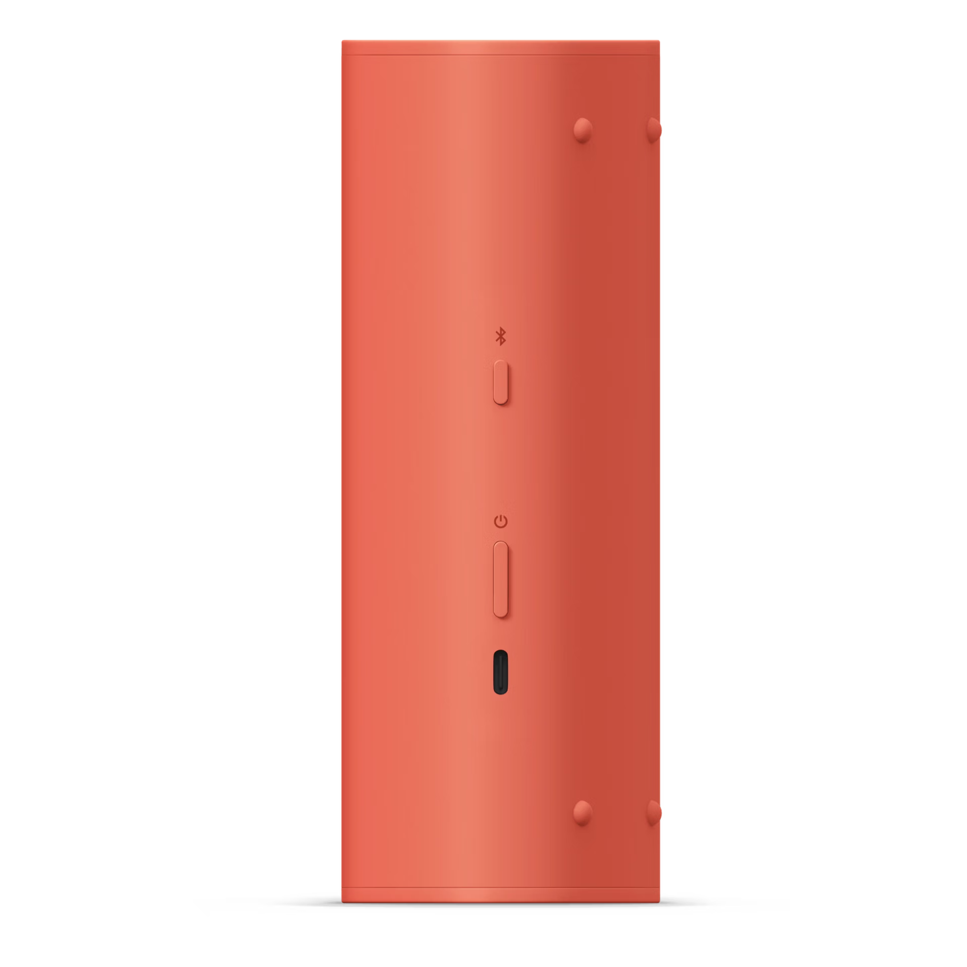 Korall színű, téglalap alakú eszköz gombokkal és portokkal fekete háttéren. Gombok: Bluetooth, bekapcsolás. Portok: USB-C.