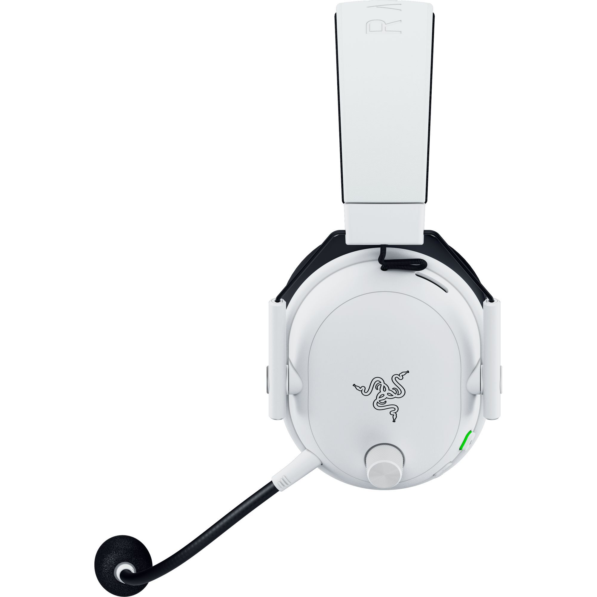 Weißes Razer-Gaming-Headset mit schwarzem Mikrofon. Das Headset hat das Razer-Logo. Isoliert auf weißem Hintergrund.