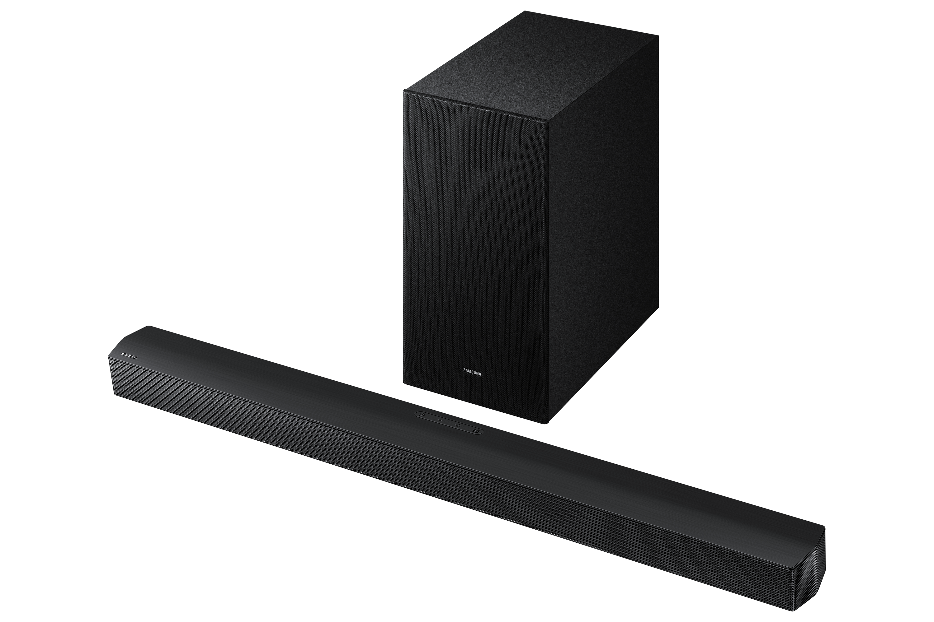 Siyah bir soundbar ve subwoofer siyah bir arka plan üzerinde. Samsung logosu görünür.