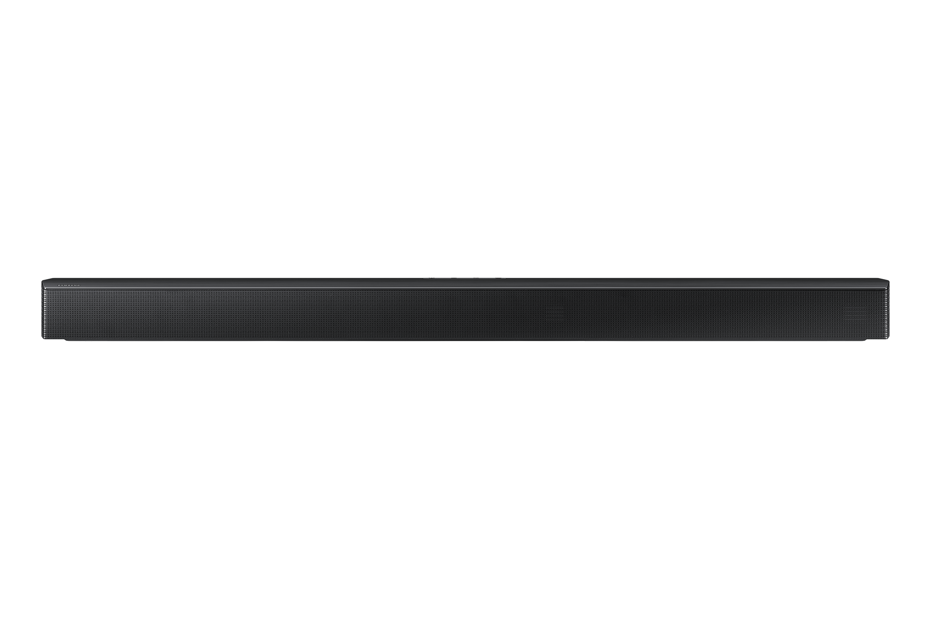 Siyah bir soundbar, siyah bir arka plan üzerinde ortalanmıştır. Örgü ön yüzü olan dikdörtgendir.