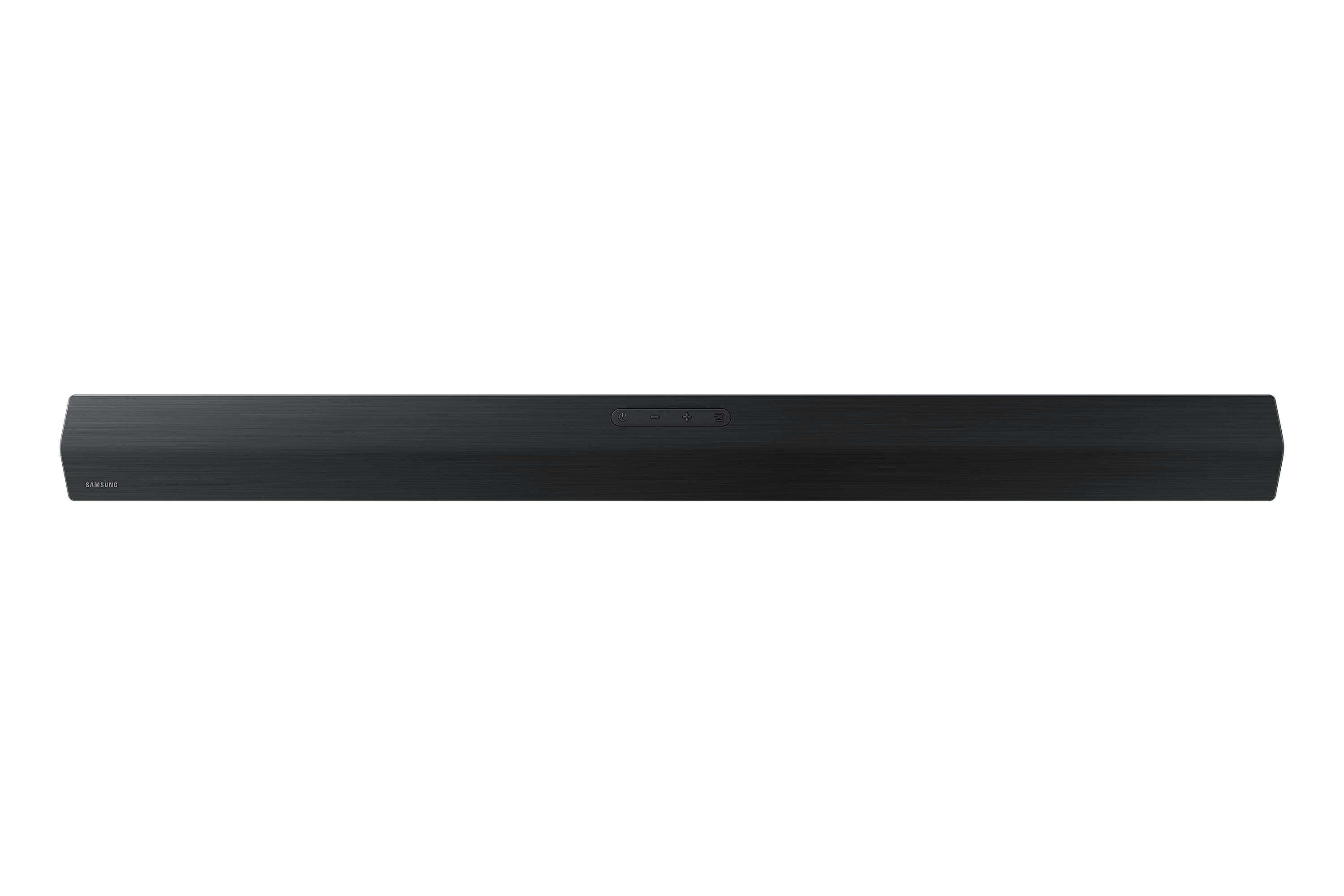 Siyah bir arka plan üzerinde siyah bir soundbar. Üstünde kontroller ve yan tarafında Samsung logosu var.