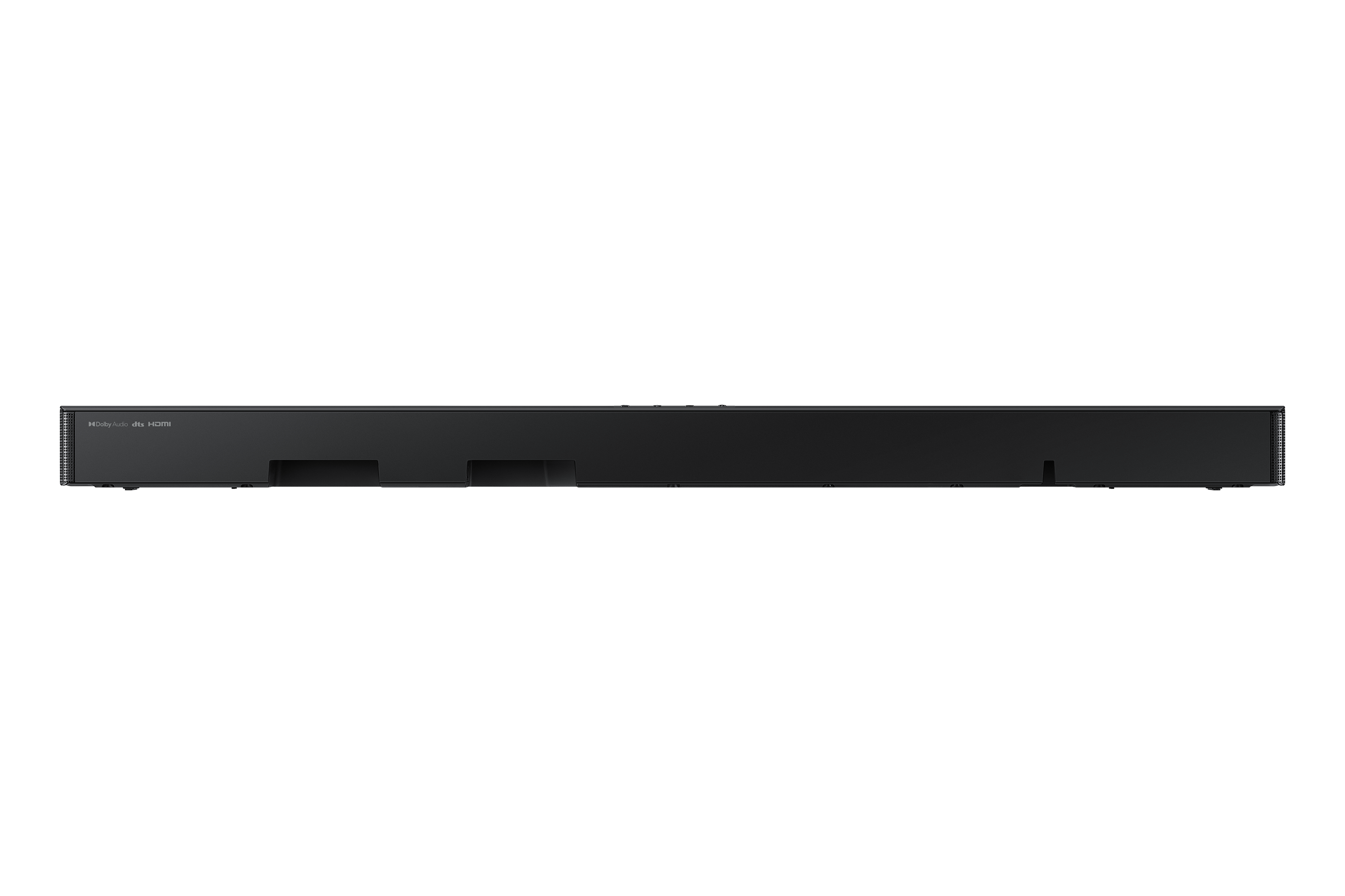 Siyah bir soundbar siyah bir arka plan üzerinde ortalanmış. Dolby Audio, DTS ve HDMI logoları görünür.