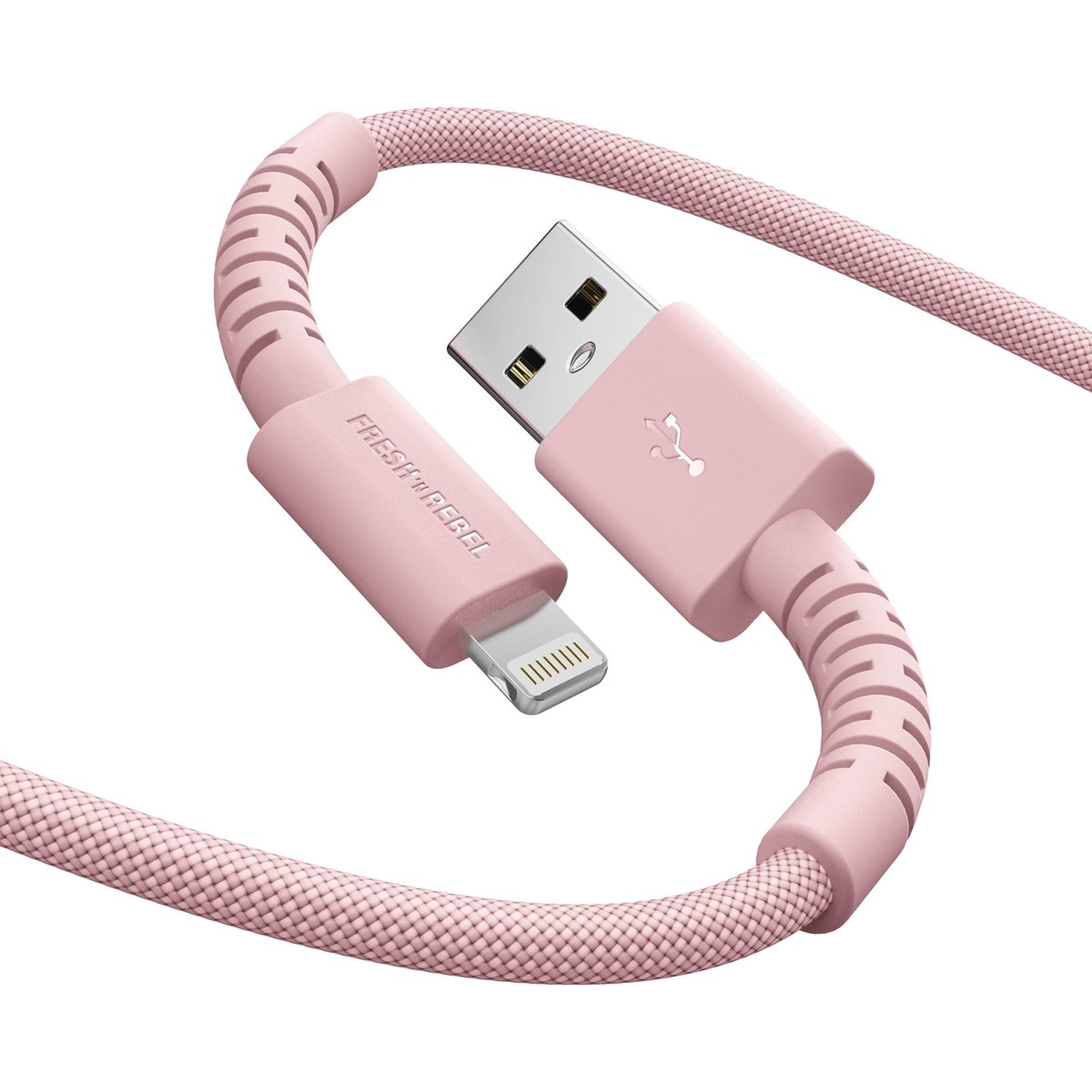 Pink USB charging cable with a lightning connector. The cable has a woven texture. The USB connector is silver.