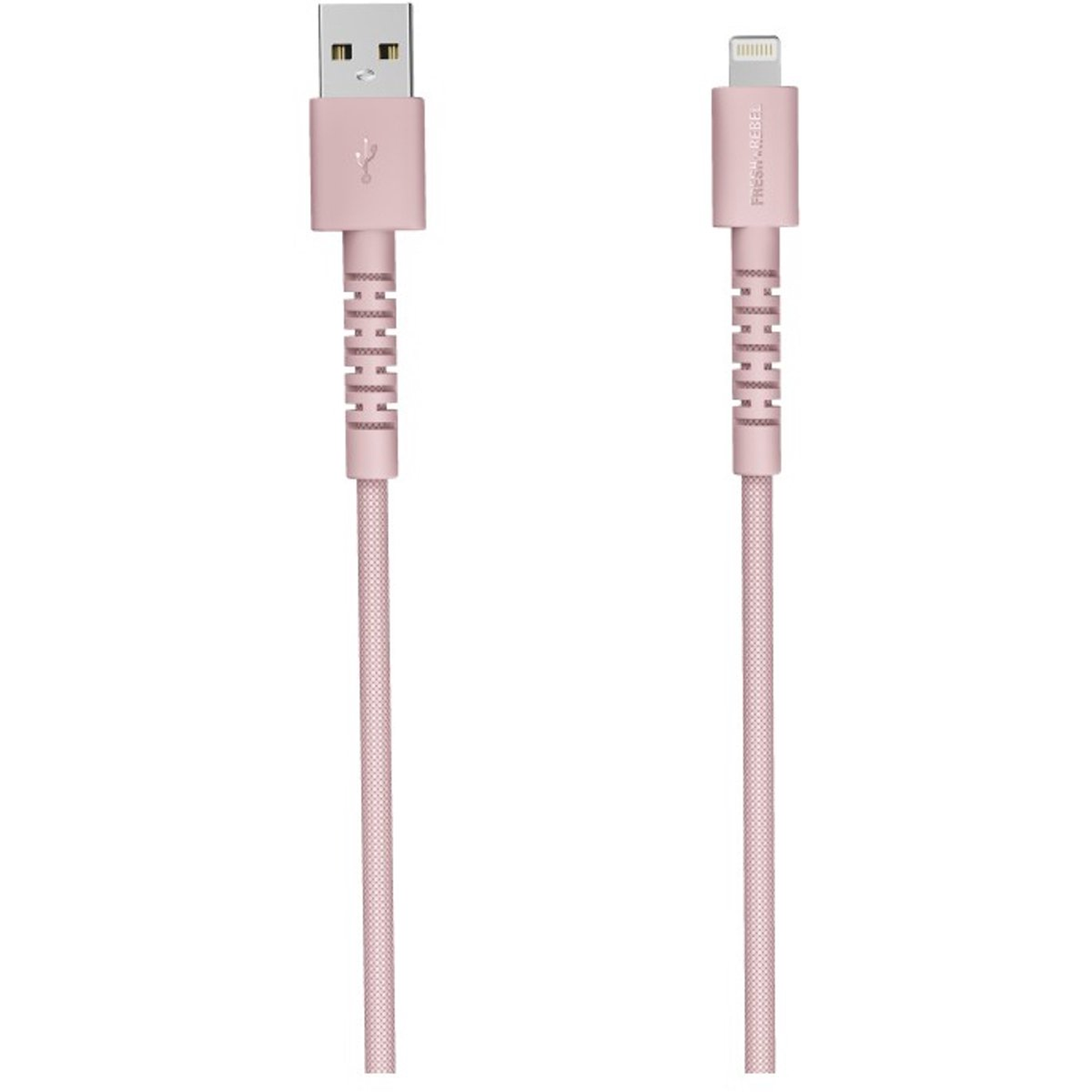 A pink USB to lightning cable. The USB end is on the left, lightning on the right. The cable is textured and pink.