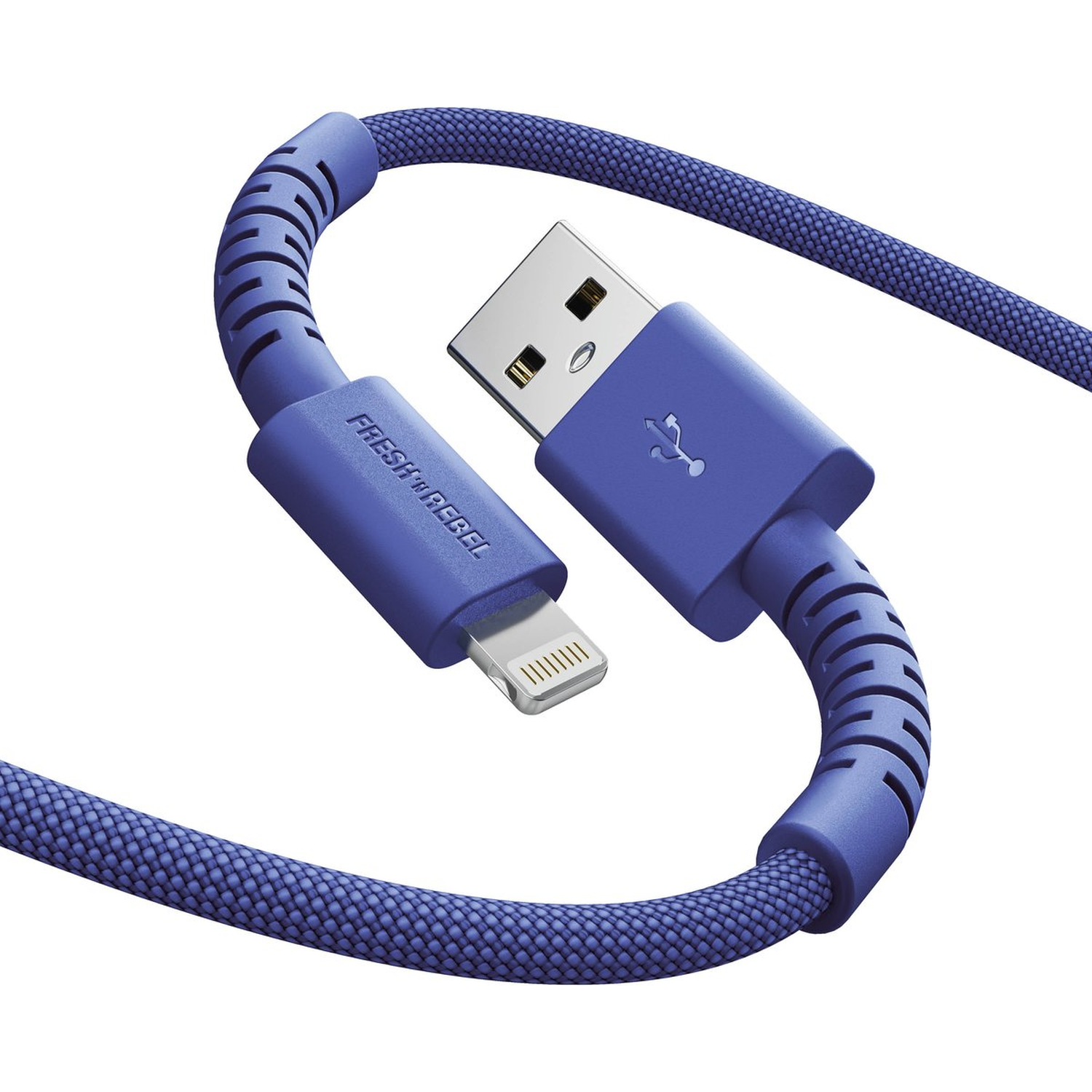 A blue USB charging cable with a lightning connector. The cable is braided and has a USB symbol on it.