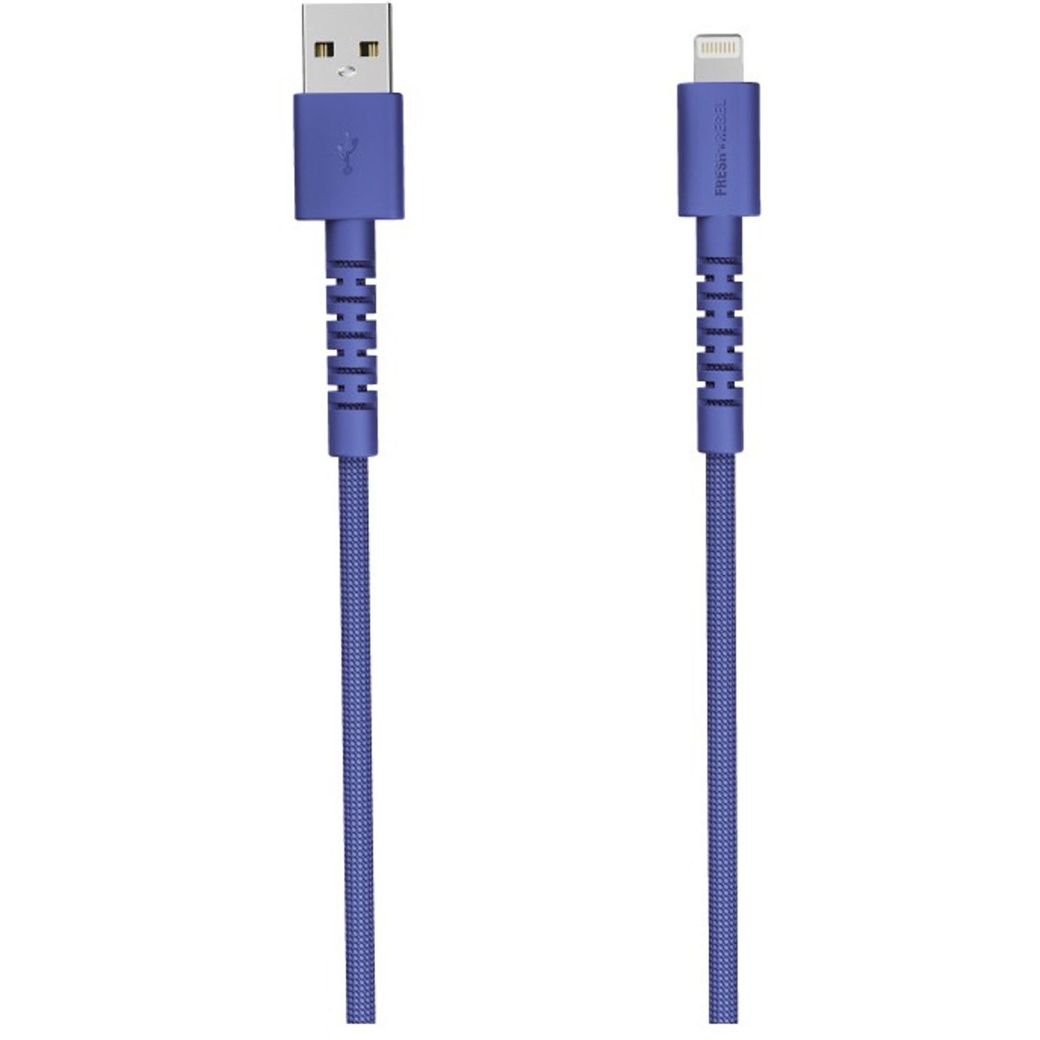 Two blue charging cables, one with a USB connector and the other with a Lightning connector.