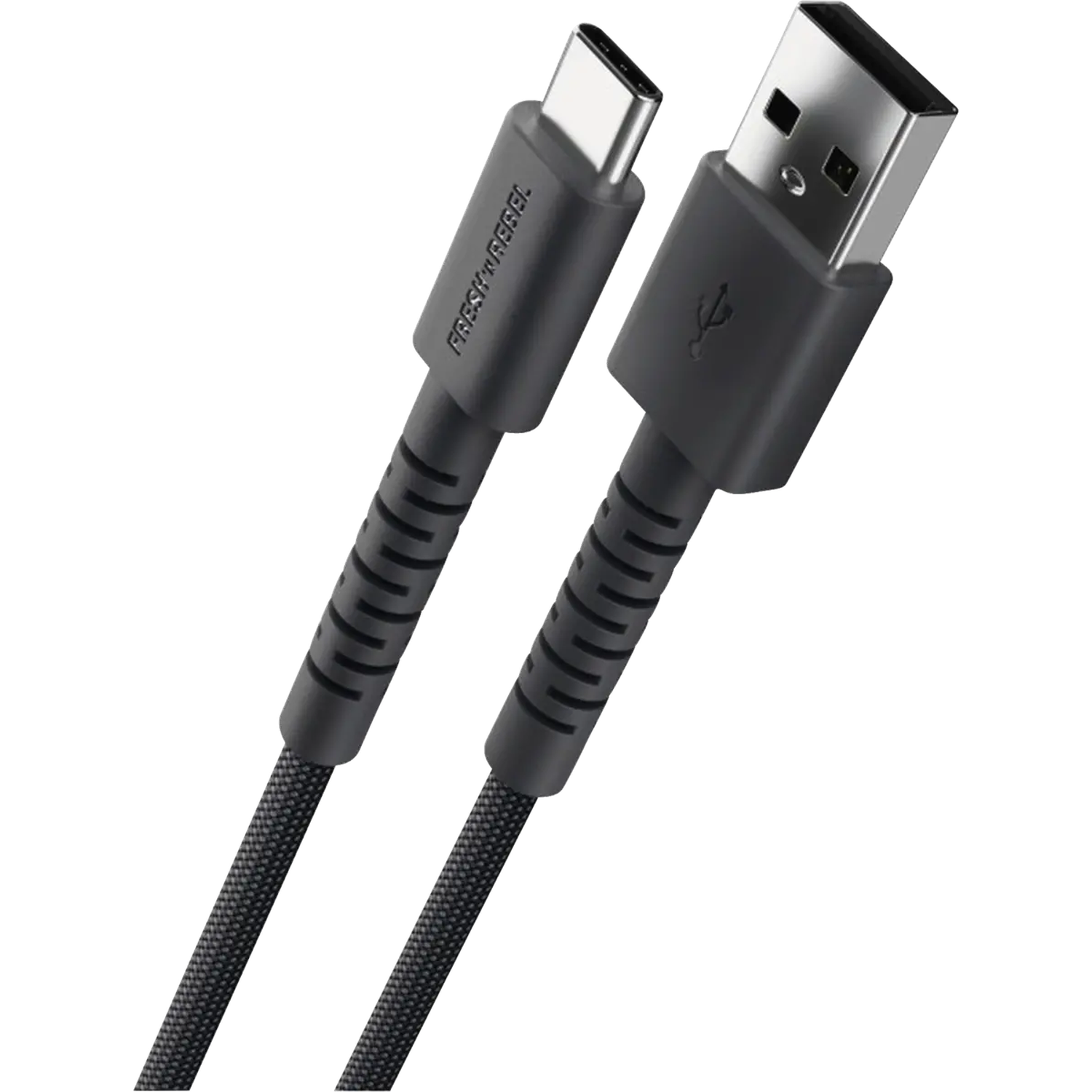 Twee zwarte USB-oplaadkabels met verschillende connectoren. Eén is USB-C, de andere is USB-A. De kabels staan op een zwarte achtergrond.