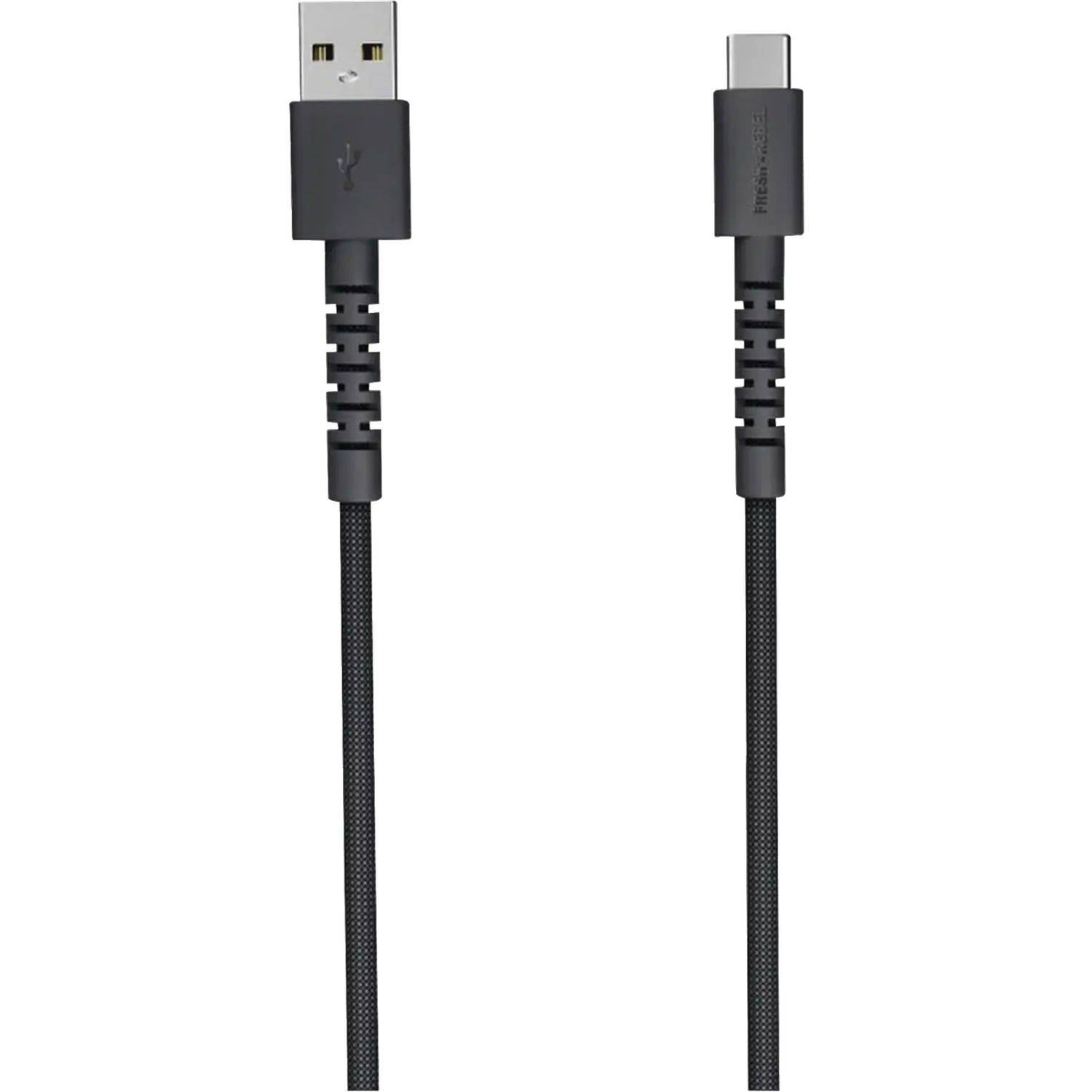 Een zwarte USB-kabel met een USB-A-connector aan één kant en een USB-C-connector aan de andere kant. De kabel heeft een gevlochten textuur.
