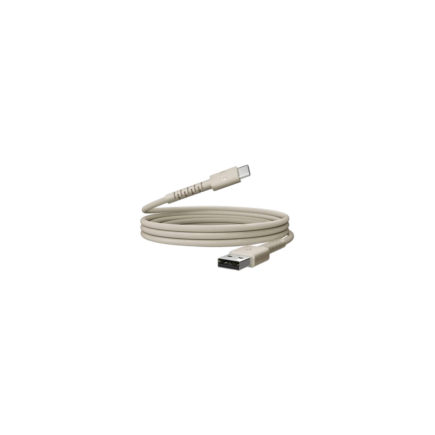 Un câble USB beige avec connecteurs USB-A et USB-C, enroulé sur un fond noir.