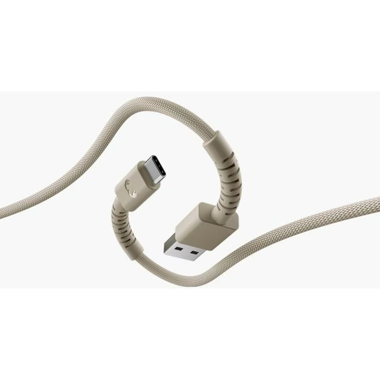 Un câble beige USB-C vers USB-A. Le câble est courbé en boucle. Un connecteur USB-C et un connecteur USB-A sont visibles.
