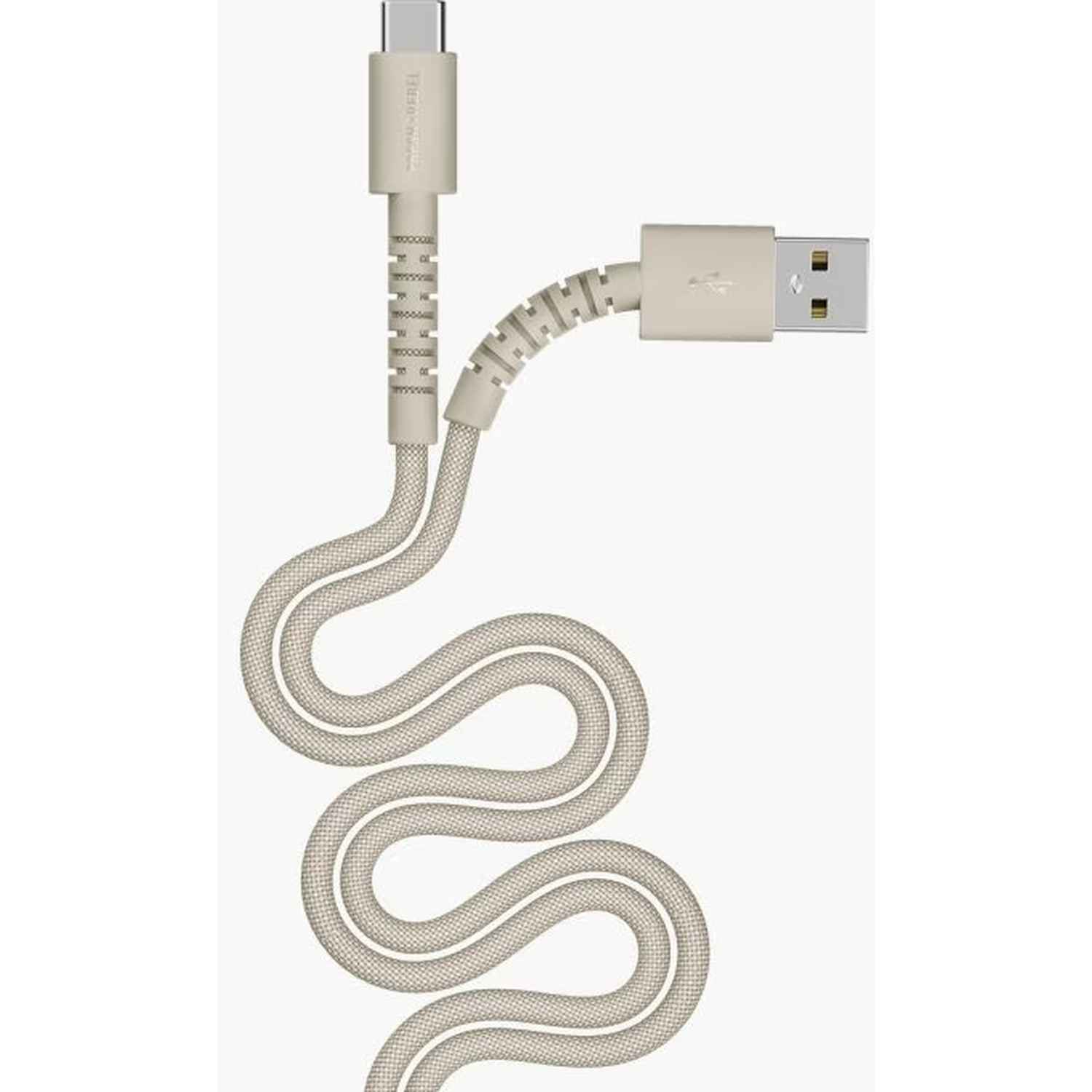Câble de charge beige USB-C vers USB-A, enroulé en motif ondulé, sur fond blanc. Connecteurs en haut et à droite.