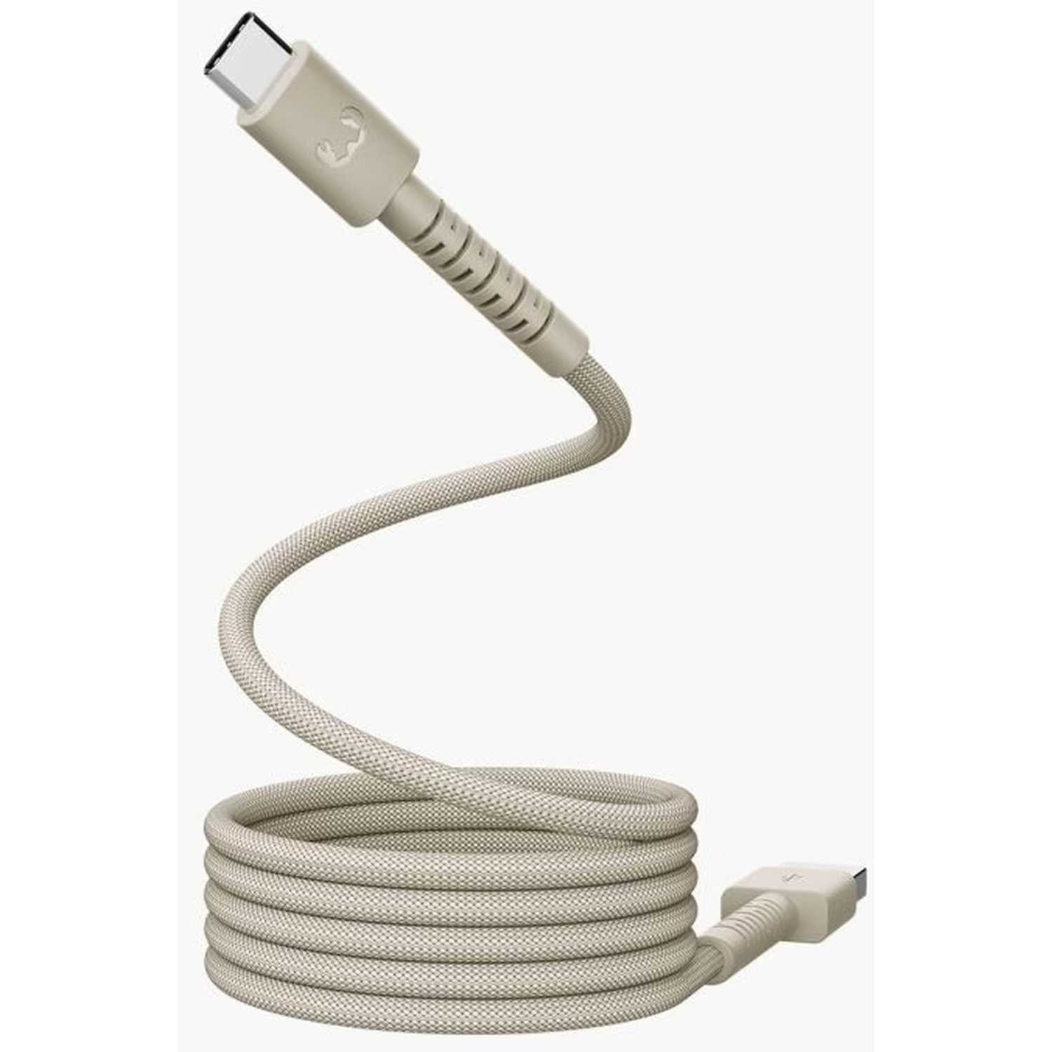 Un câble de chargement USB-C beige enroulé en bas. Le câble a un aspect de tissu texturé.